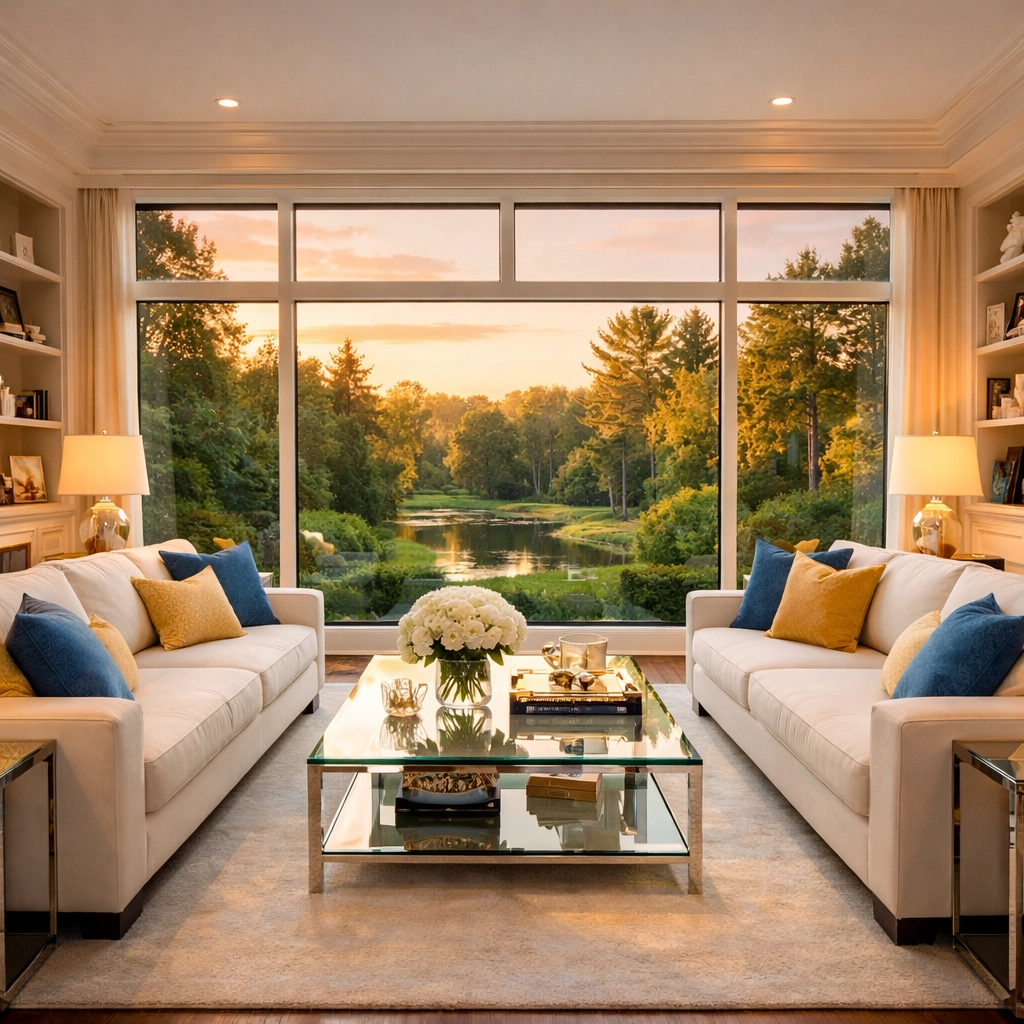 Impeccably clean luxury estate living room in Newton MA following professional house cleaning.