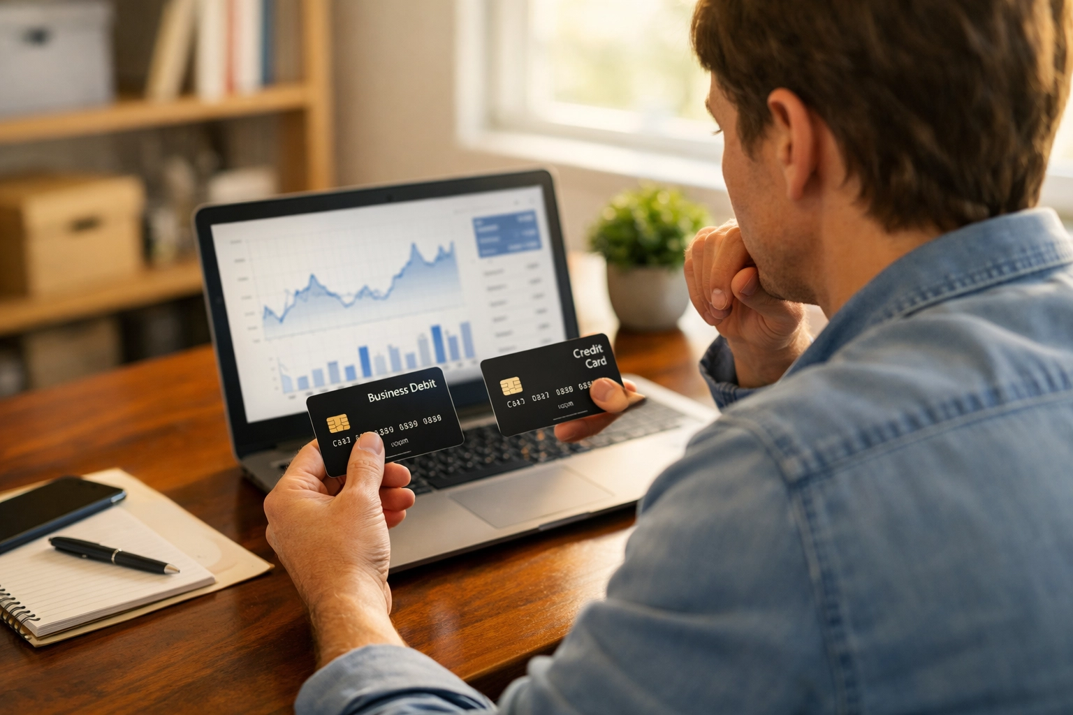 Small business owner separating personal and business expenses while reviewing financial charts.