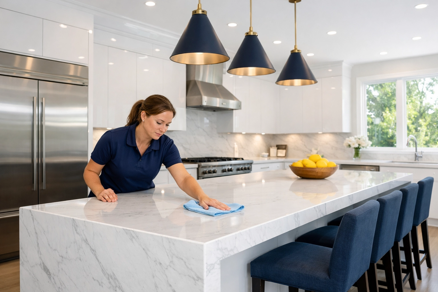 Professional cleaner wiping a white marble island during post-construction cleaning in Newton MA.