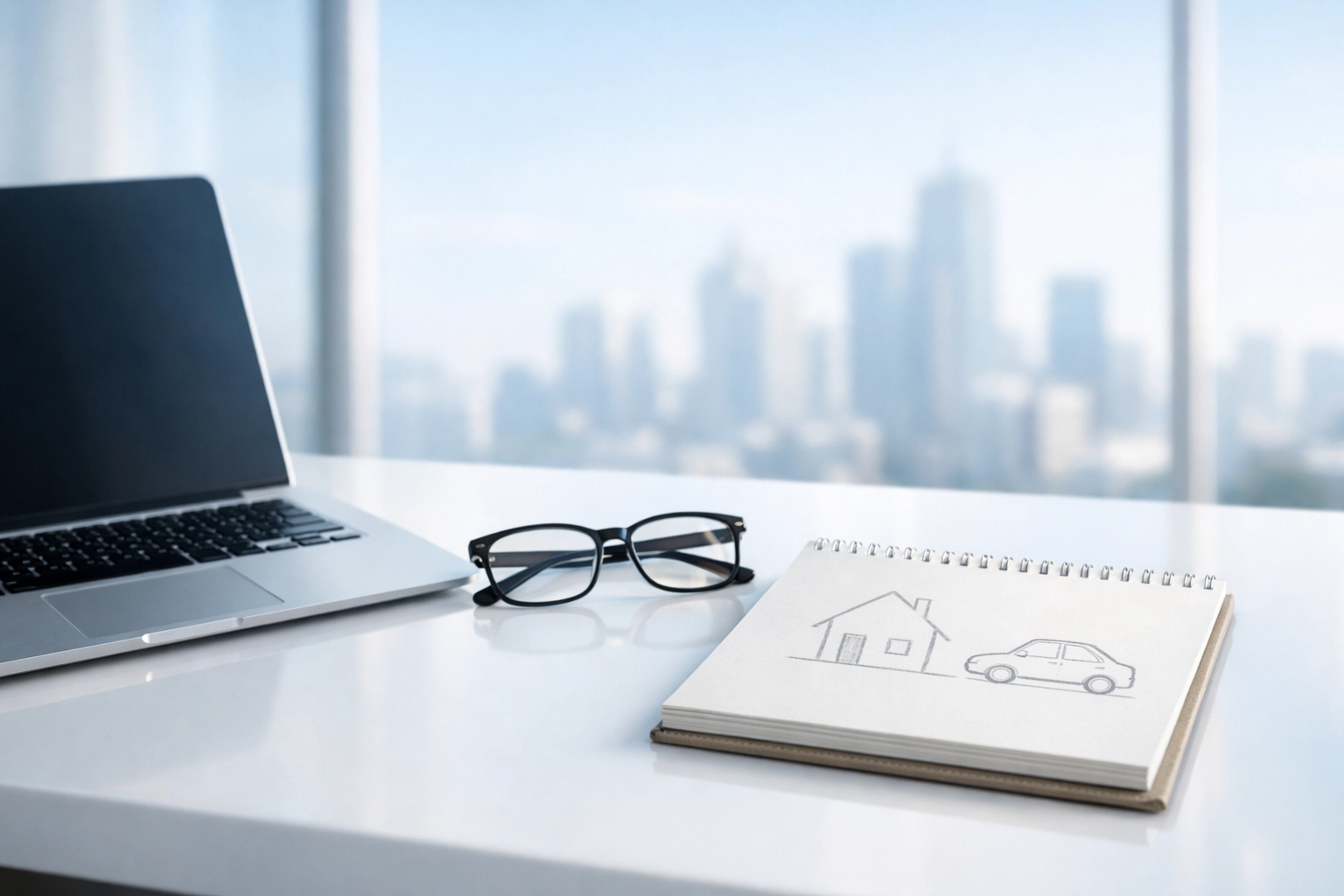 Escritorio con iconos de hogar y auto ilustrando la evaluación de riesgo de un corredor de seguros en RD.