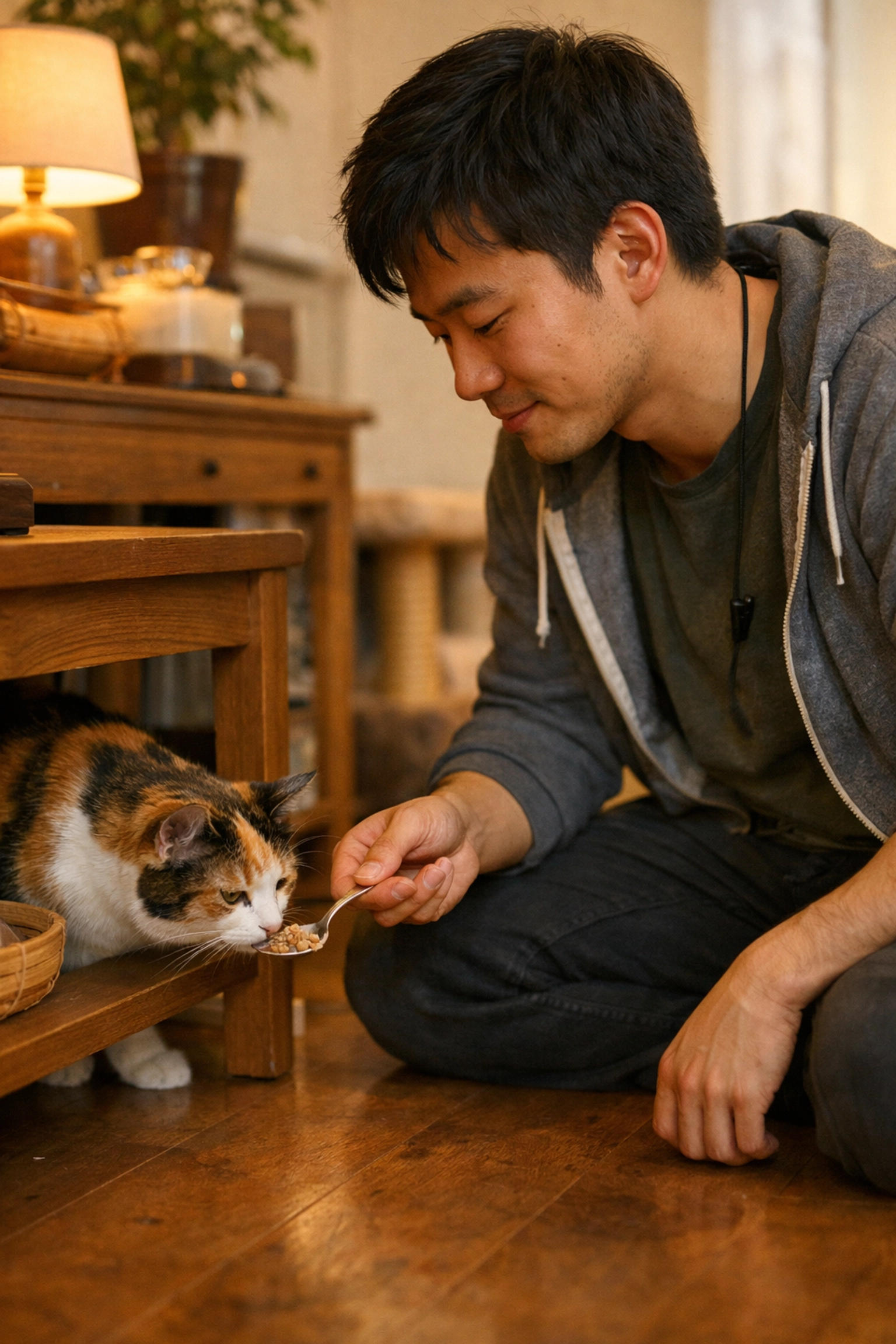 A professional cat sitter in Oakland carefully feeds a shy calico cat during an in-home sitting visit.