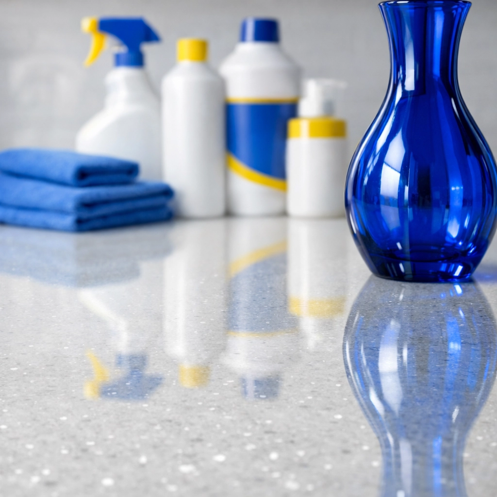 Streak-free white quartz kitchen island and eco-friendly supplies, showcasing professional weekly house cleaning.