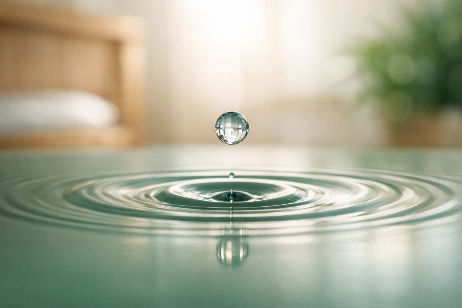 A water droplet hitting a calm pool, symbolizing a regulated nervous system and the five-minute pause strategy.