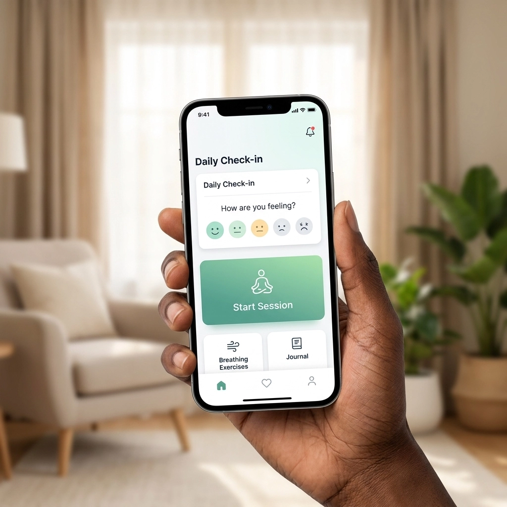 A close-up of the Mytherapist.ng app showing tools like daily check-ins and session booking.