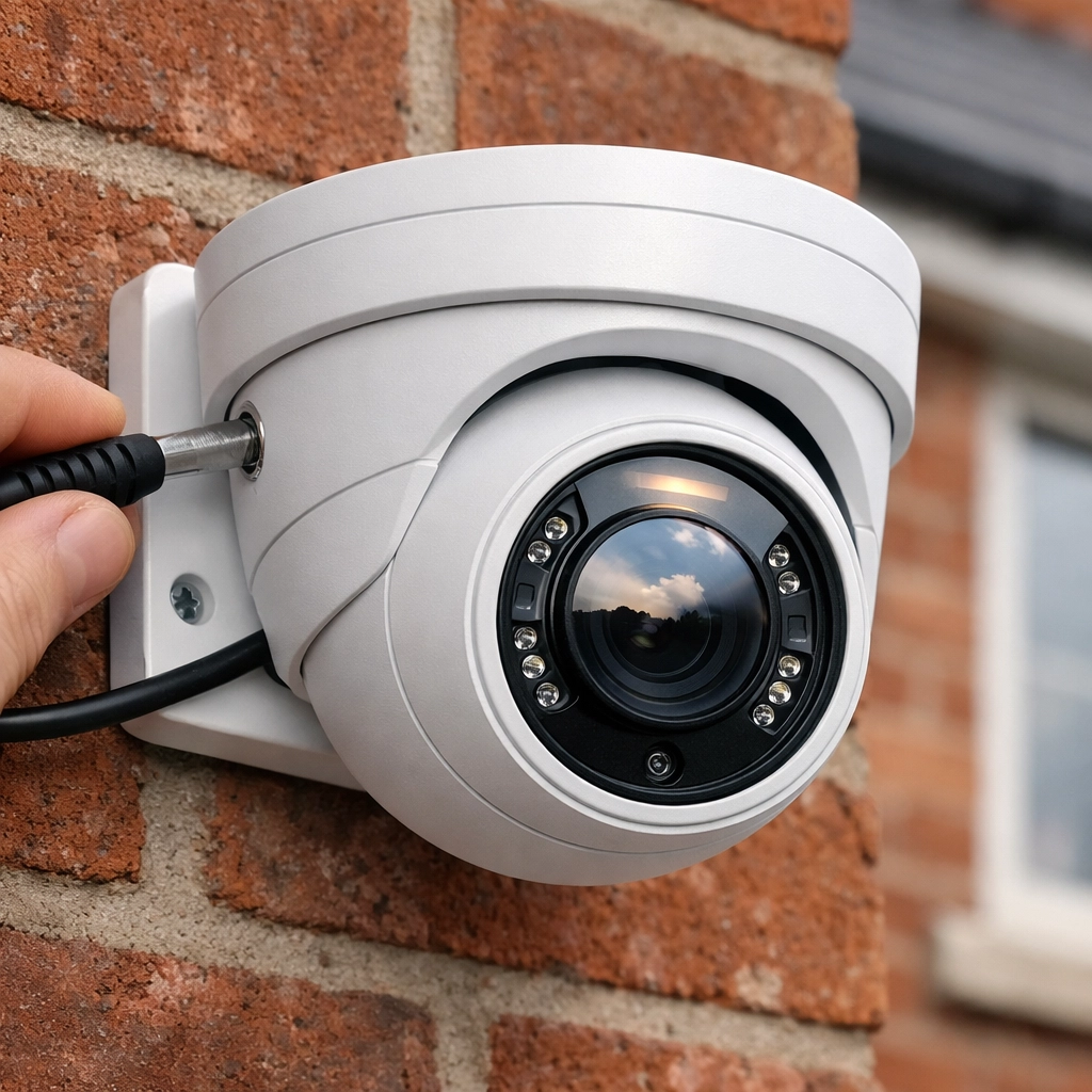 Professional white turret CCTV camera installed on a red-brick Swindon house wall using PoE technology.