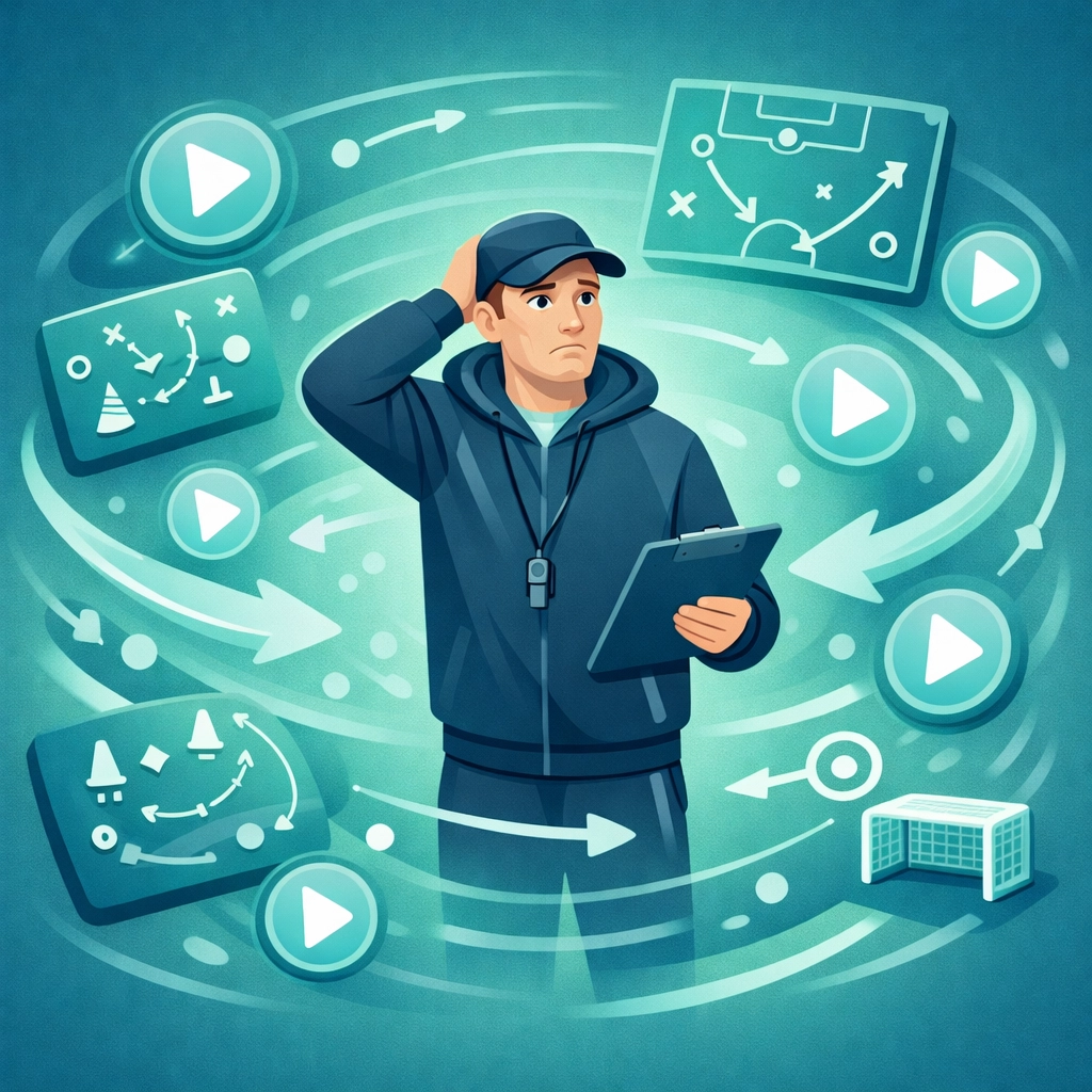 Stressed football coach searching for beginner soccer drills online amidst a swirl of digital icons.