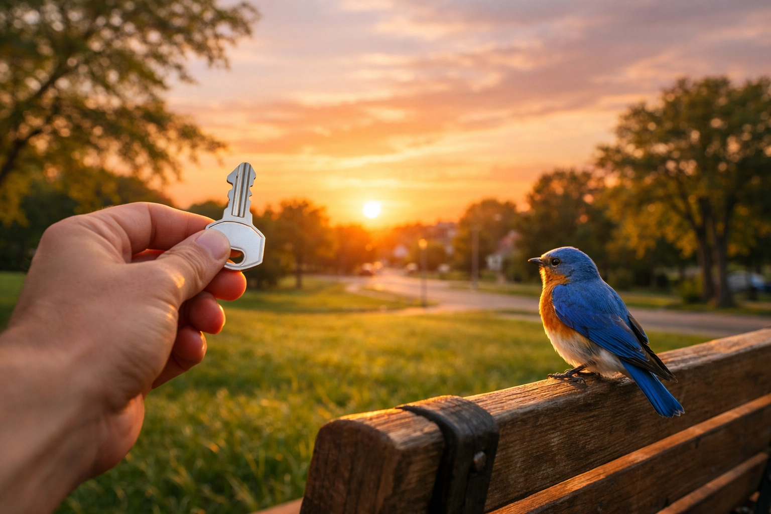 New house key held up in a peaceful Kansas City neighborhood during a beautiful sunset.