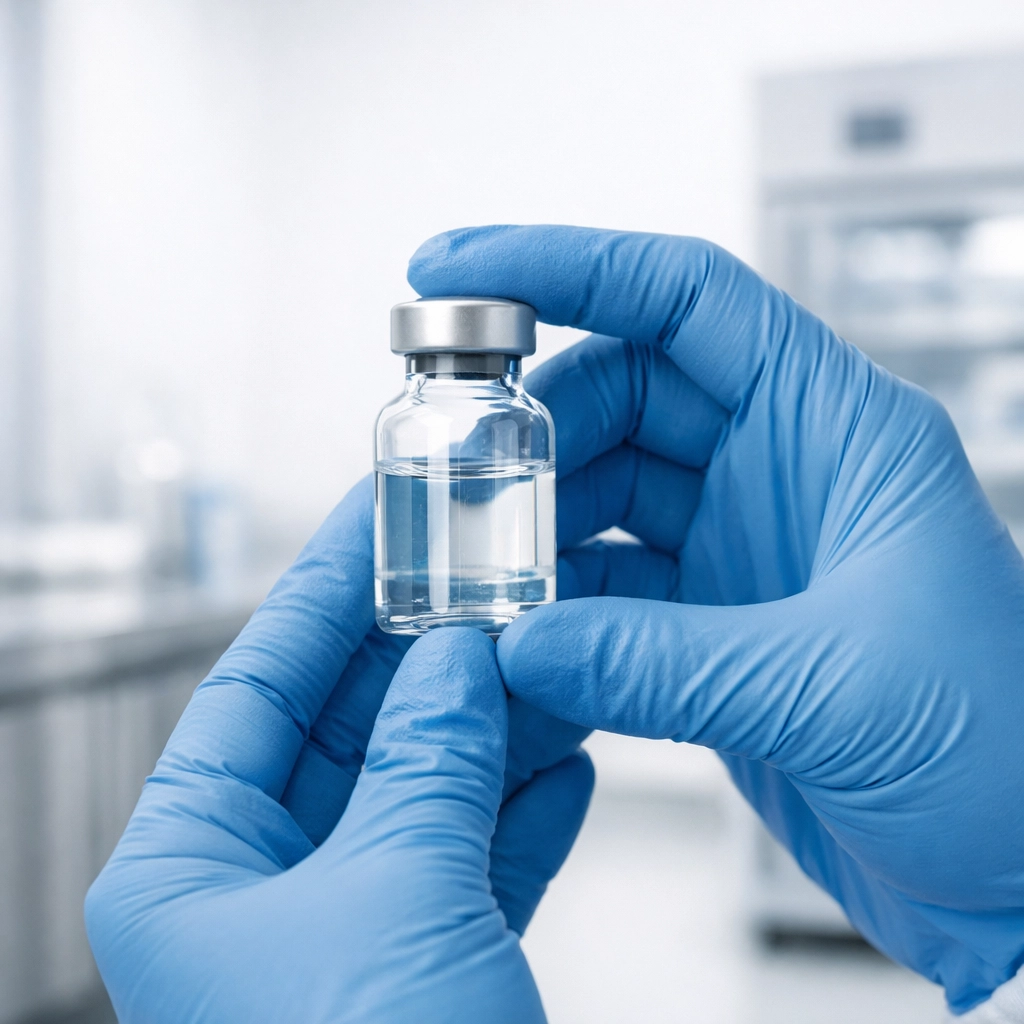 A medical professional holding a vial of compounded semaglutide, a common Wegovy substitute for weight loss.