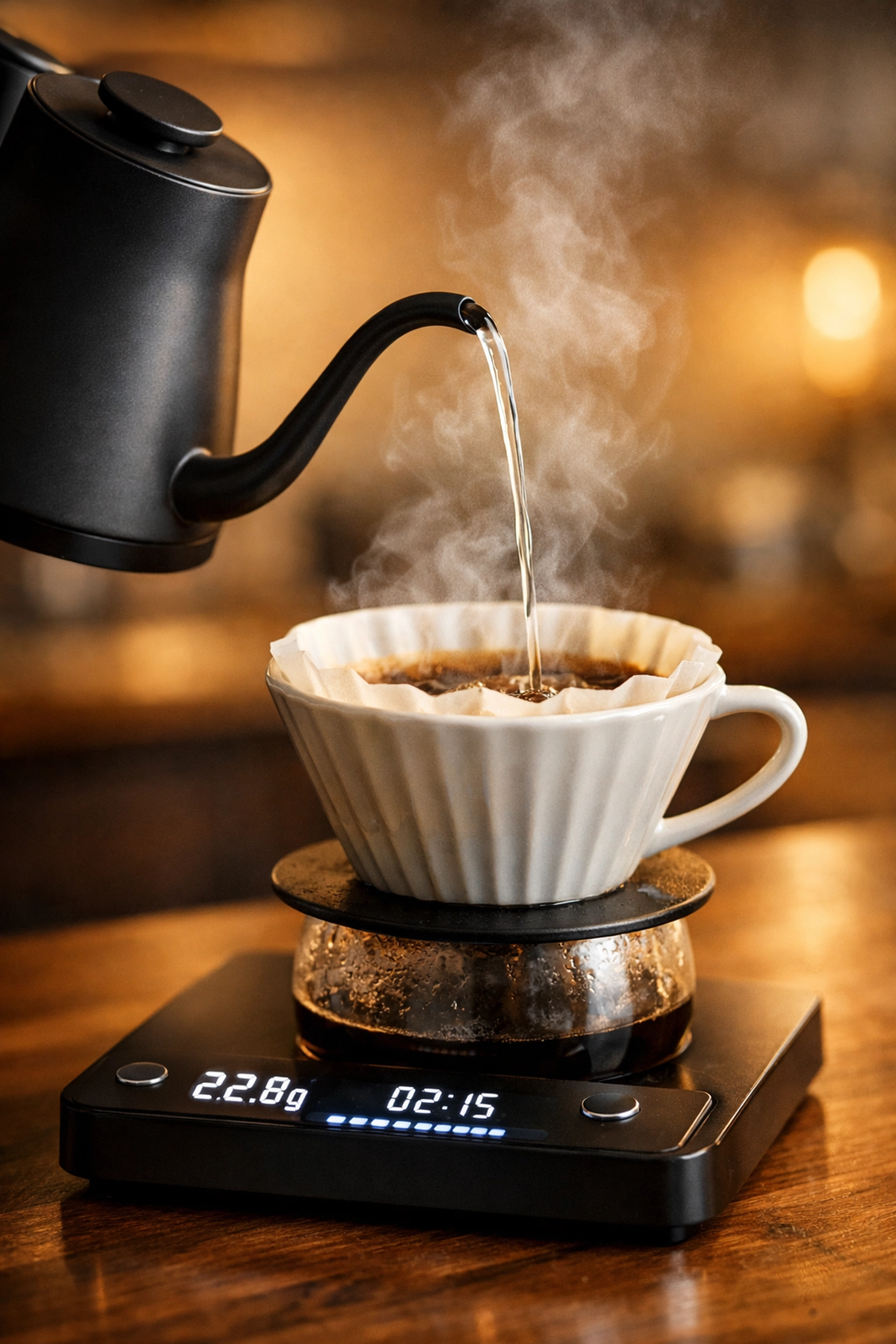 A matte black gooseneck kettle pouring water into a dripper for precise specialty coffee extraction.
