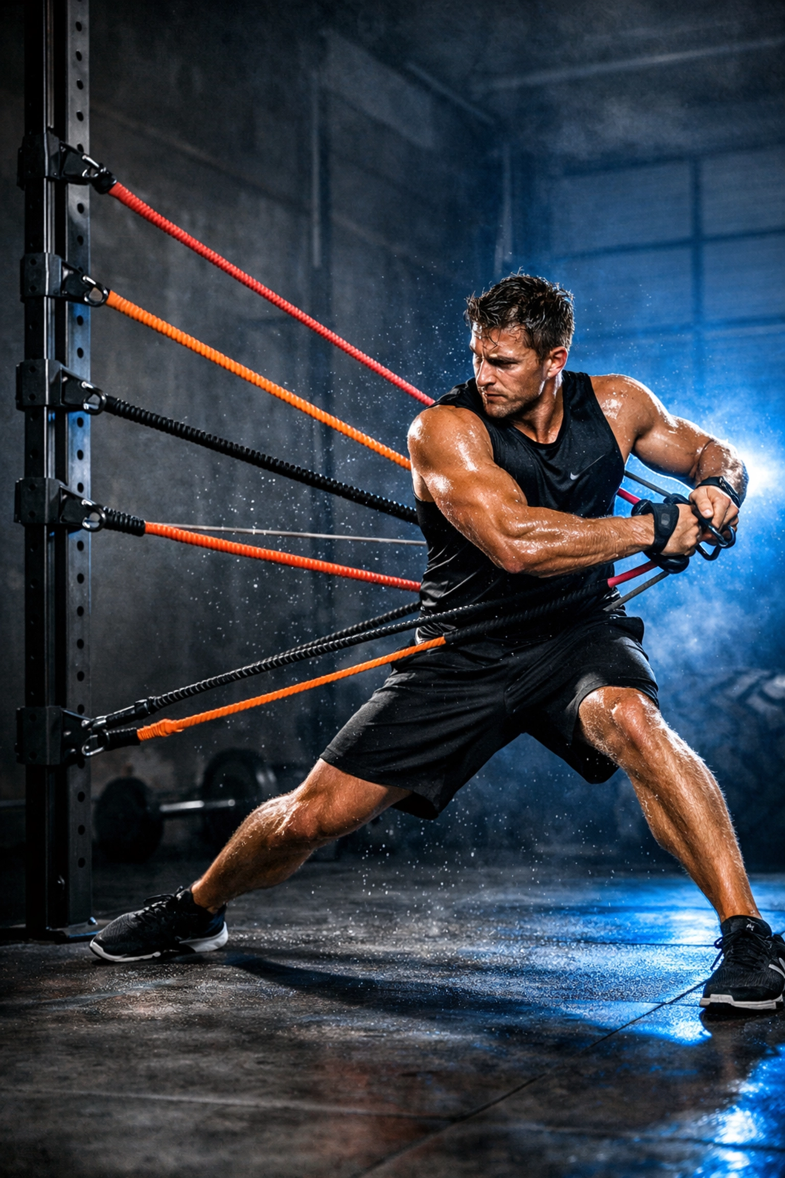 Athlete doing rotational resistance training on a floor to ceiling gym rail system.