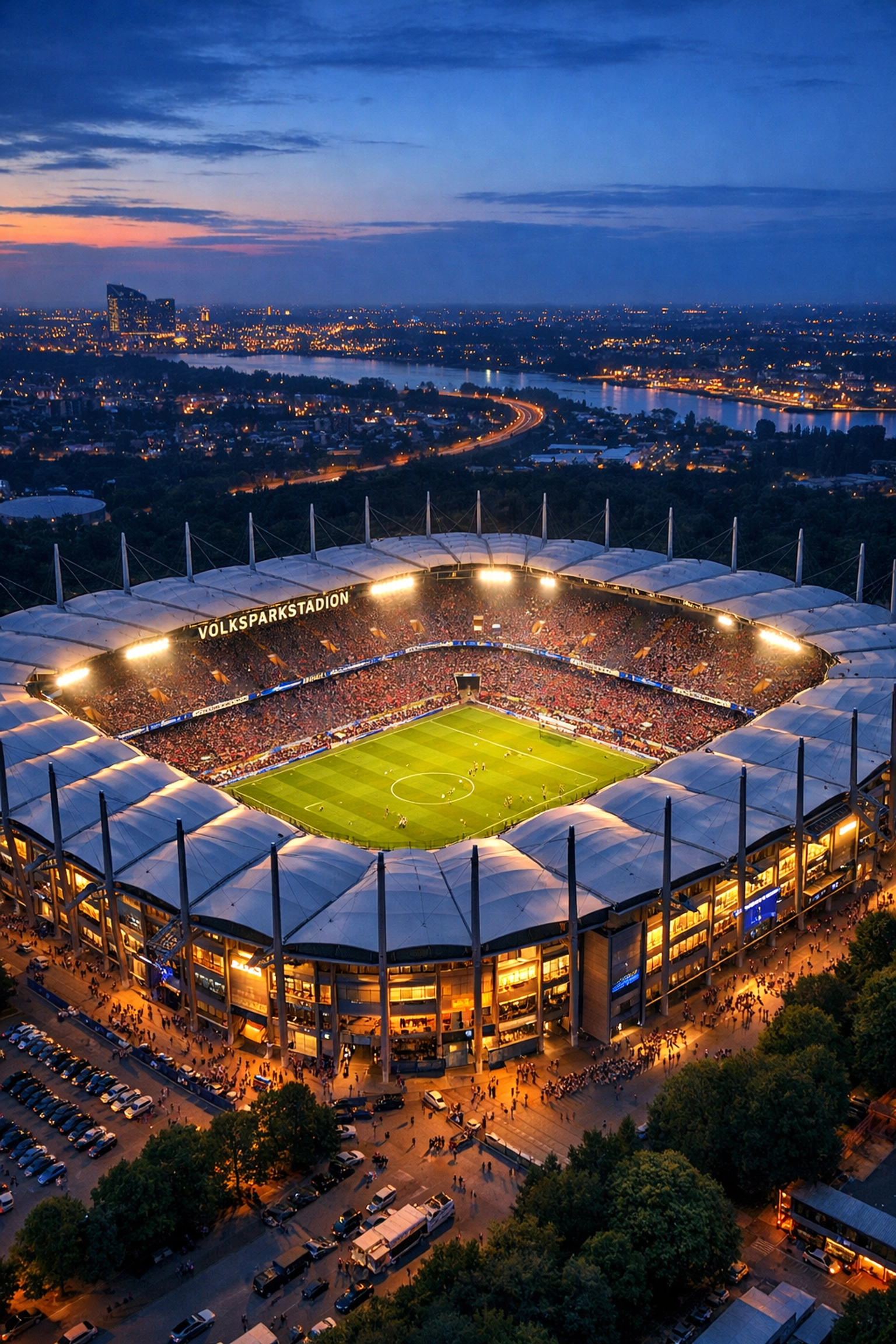 Aerial view of Volksparkstadion Hamburg during Bundesliga match against Bayern München