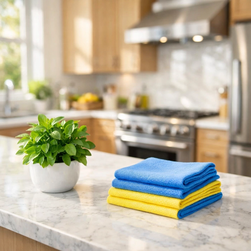 Modern kitchen in Shrewsbury, MA with eco-friendly supplies for professional house cleaning.