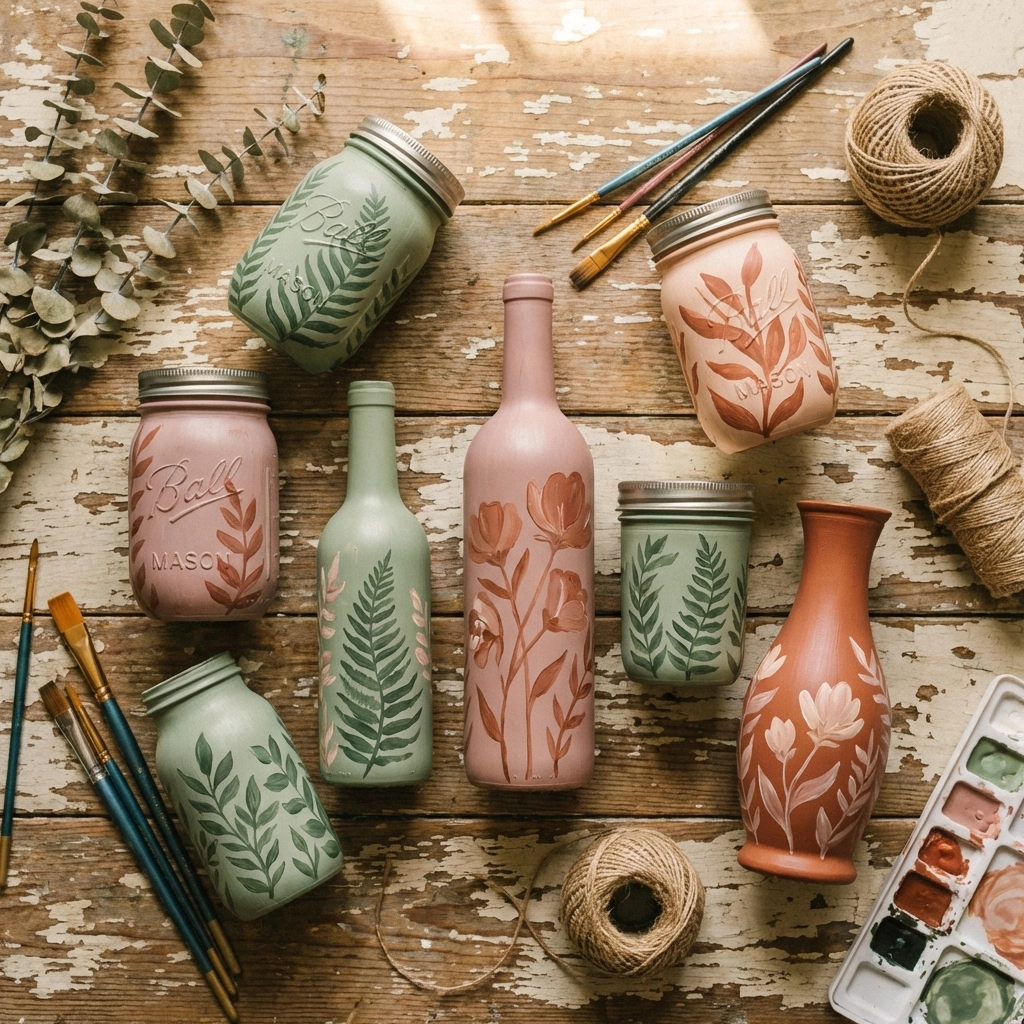 Flat-lay of upcycled painted glassware, including mason jars and wine bottles, transformed into decorative pieces for eco-conscious shoppers.