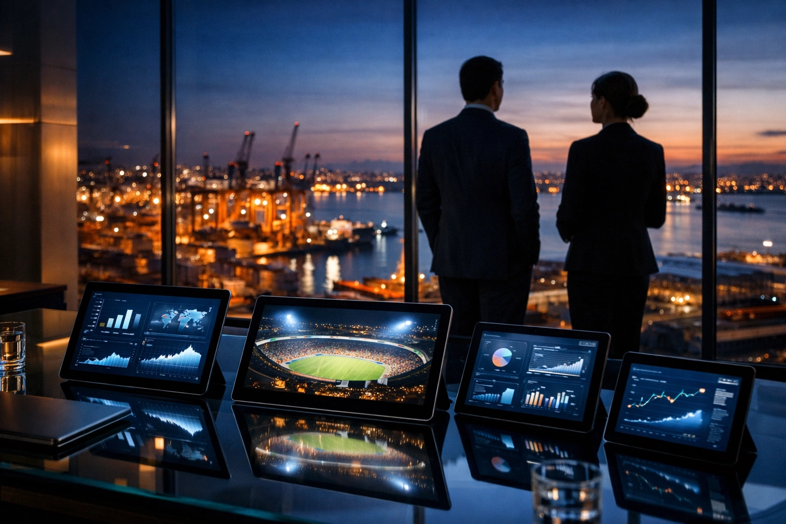 Business professionals analyzing cross-industry media data to scale strategies from sports entertainment to logistics.