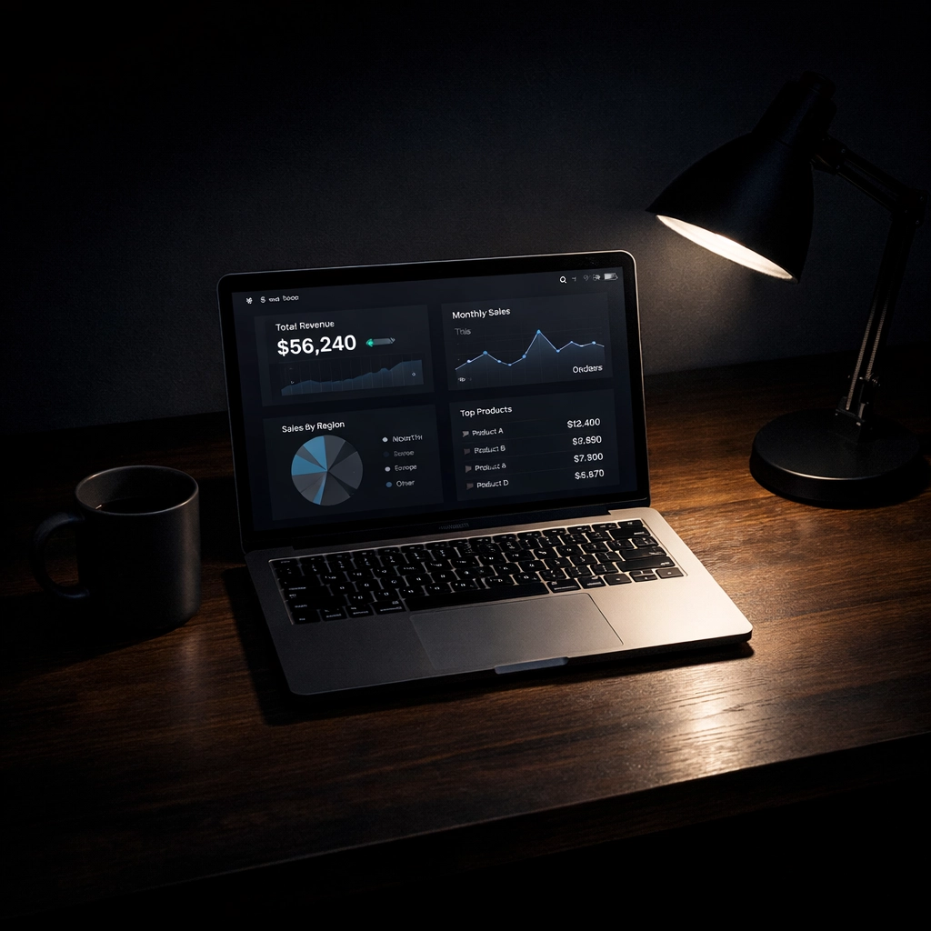 Founder workspace with a sales dashboard on a laptop, illustrating efficient outbound sales development for startups.