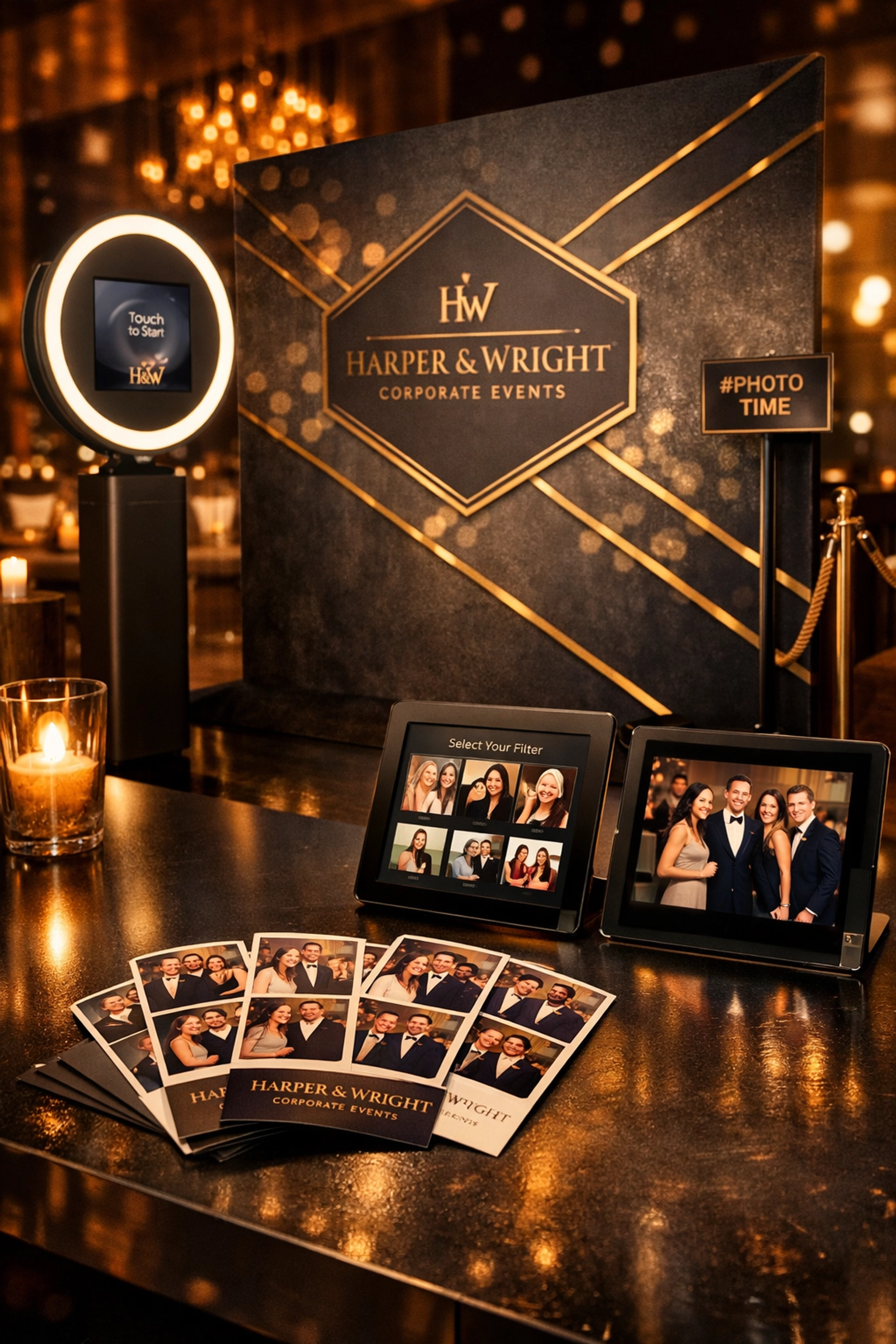Custom photo booth setup with branded prints at corporate event