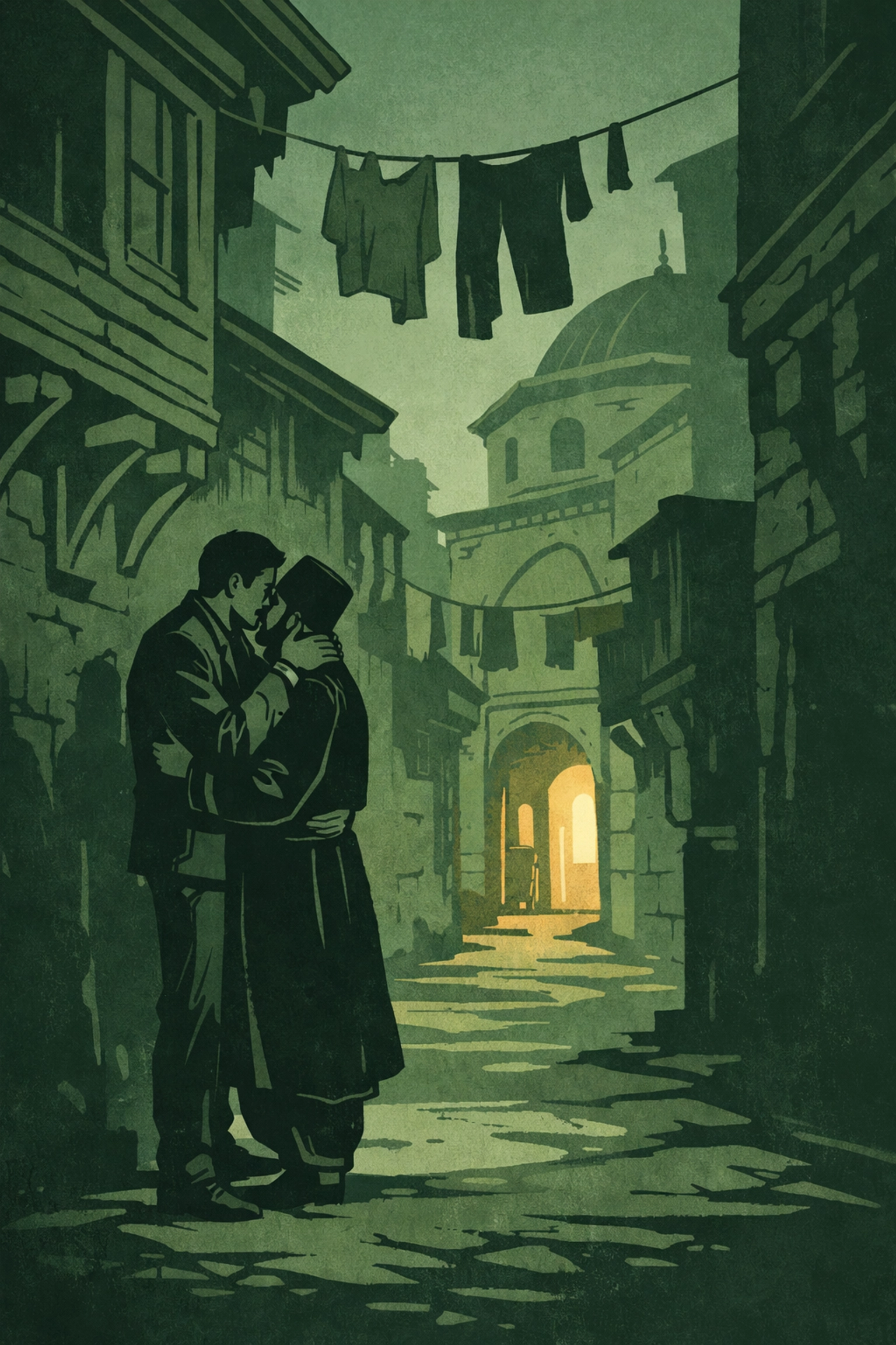 Two men embracing secretly in Istanbul alley depicting forbidden gay love story