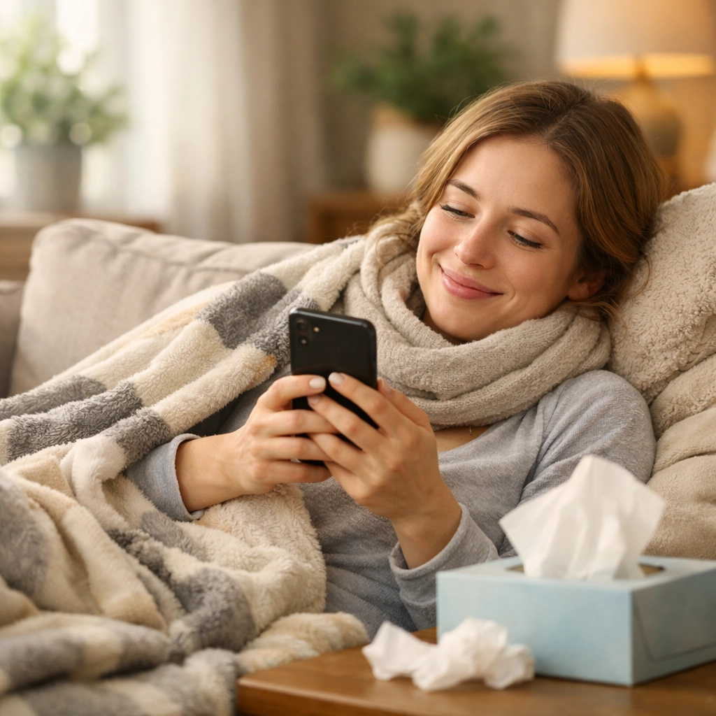 Woman with flu using smartphone for online doctor consultation at home