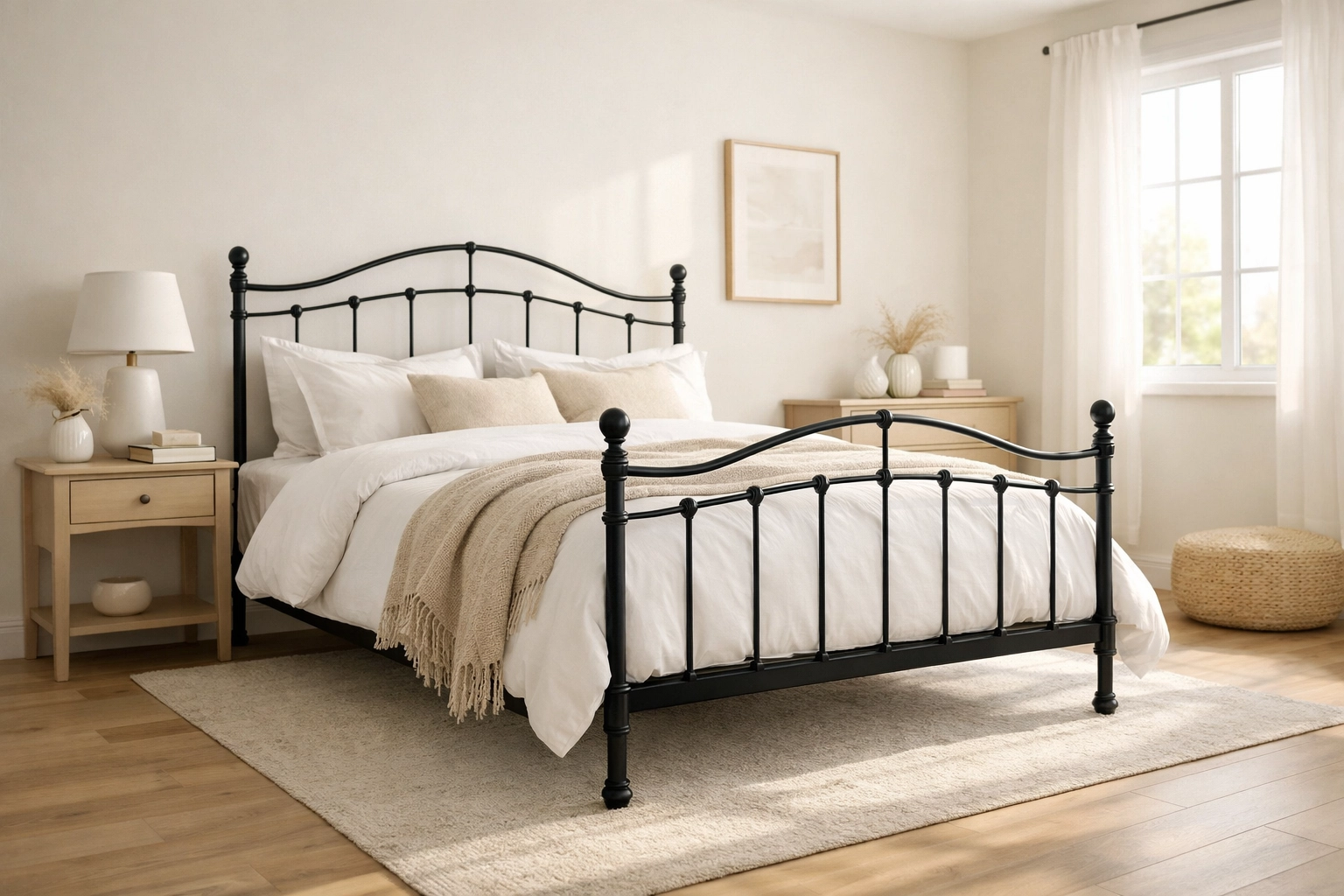 Modern luxury bedroom featuring a black Victorian metal bed frame for a no-demo transformation.