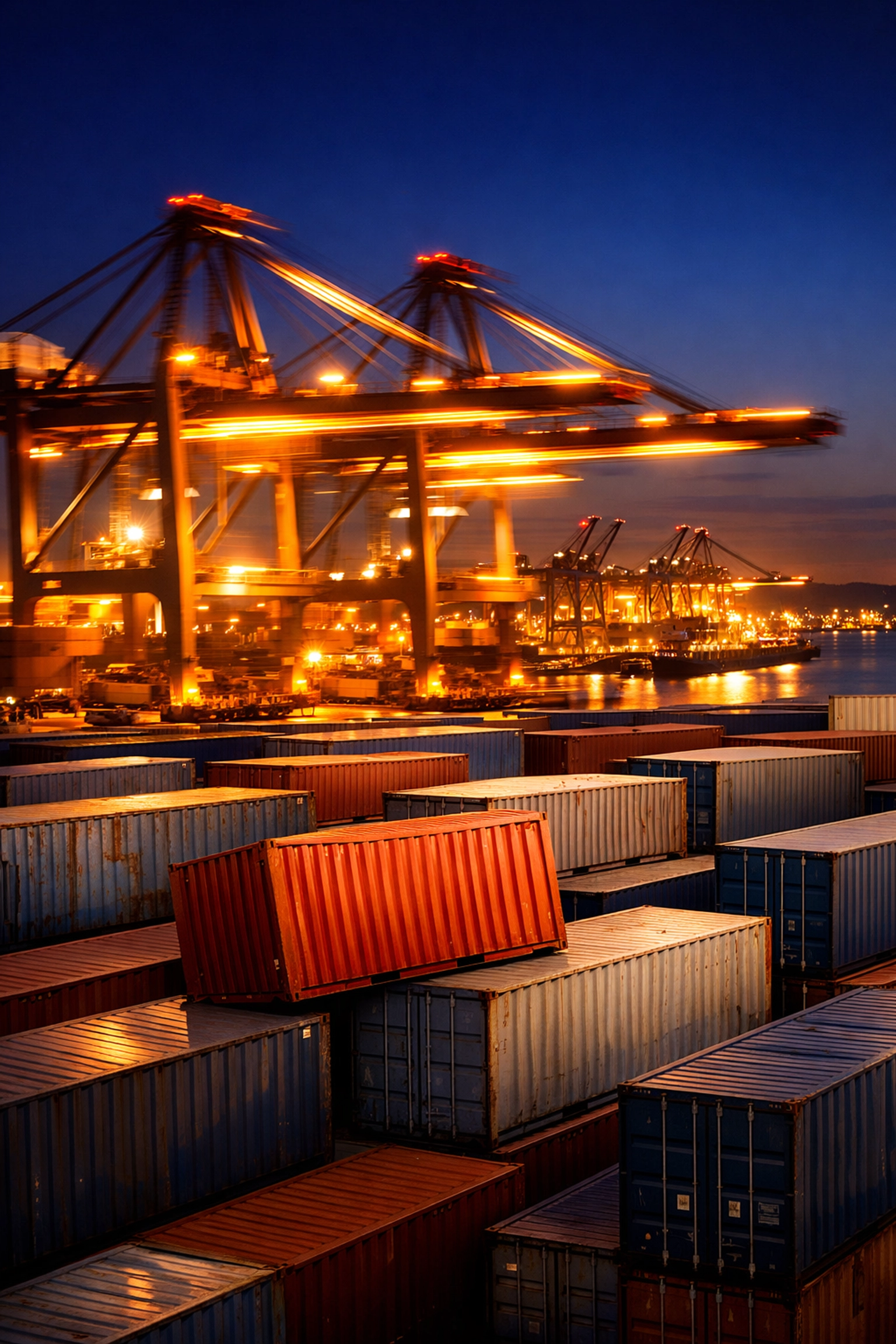 Shipping containers at a cargo port at twilight, illustrating the complexity of global trade and Tariff PR.