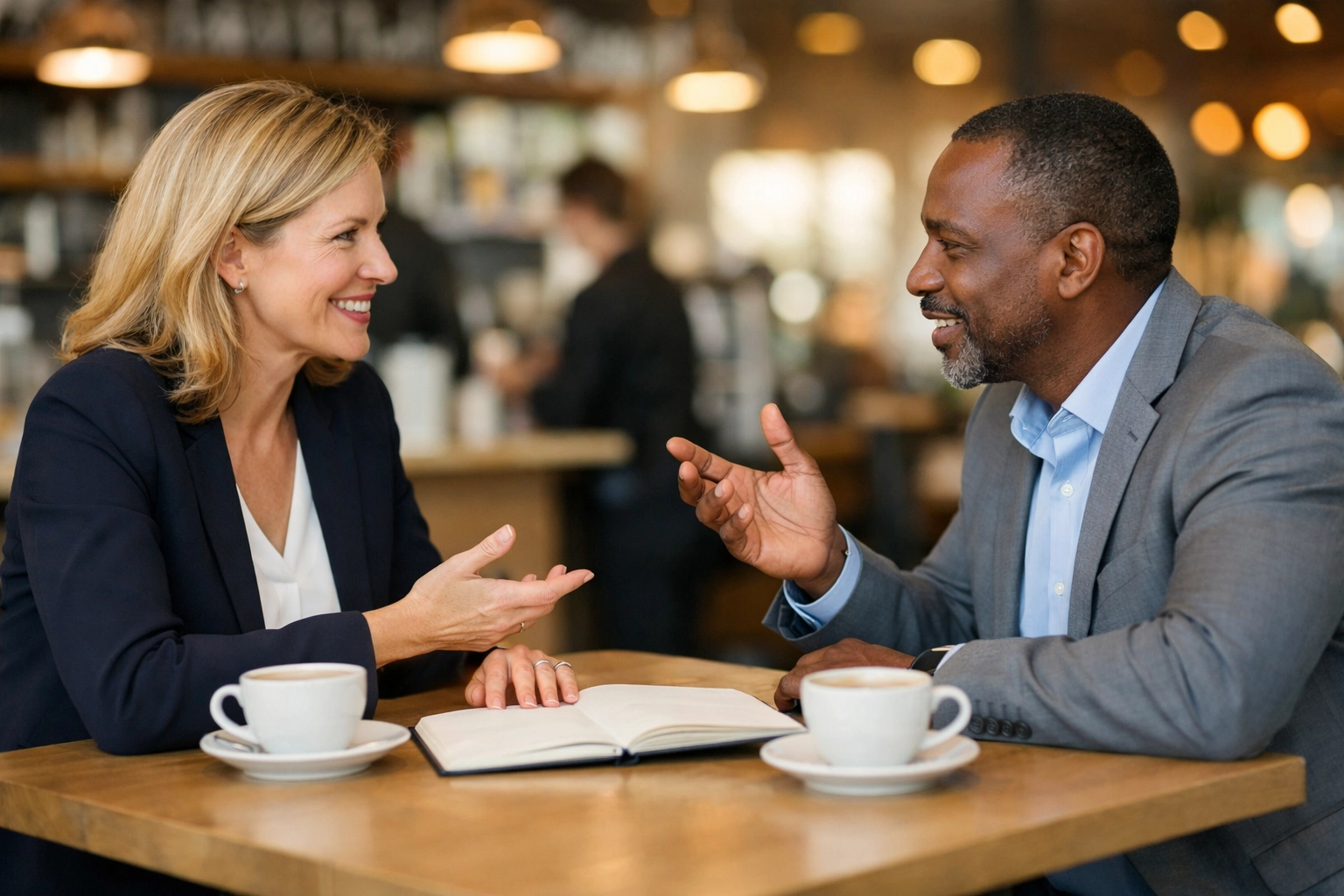 Business professionals meeting at coffee shop for deductible client meeting expenses