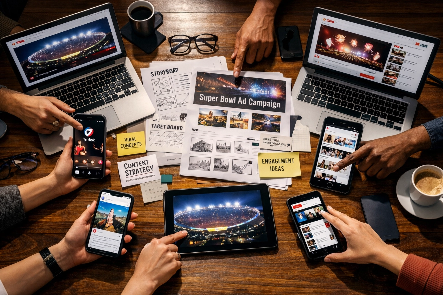 Multi-platform content strategy session for Super Bowl 2026 NIL campaign with social media planning