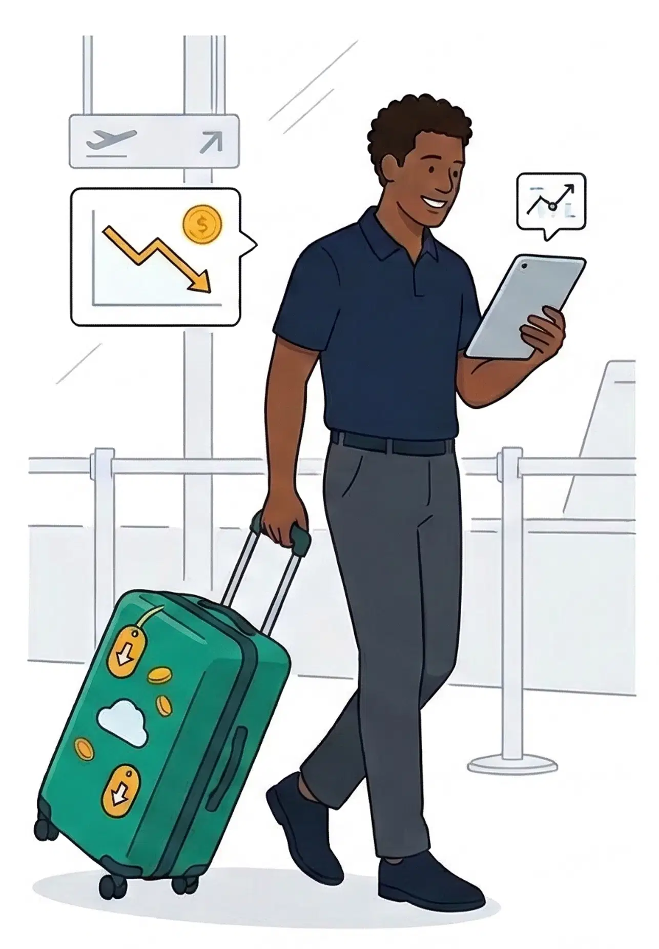 Traveler at airport with price monitoring icons