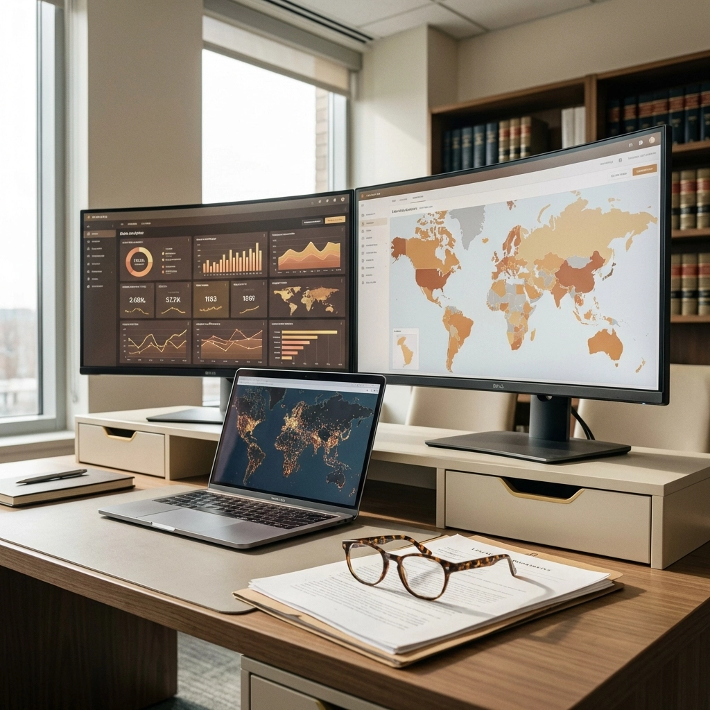 Modern office desk with legal documents and data dashboards, highlighting compliant Florida skip tracing services.