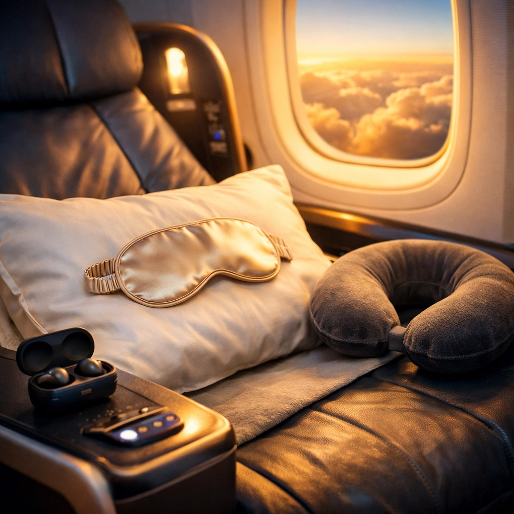 Luxury airplane seat with travel comfort accessories including silk sleep mask and noise-canceling earbuds