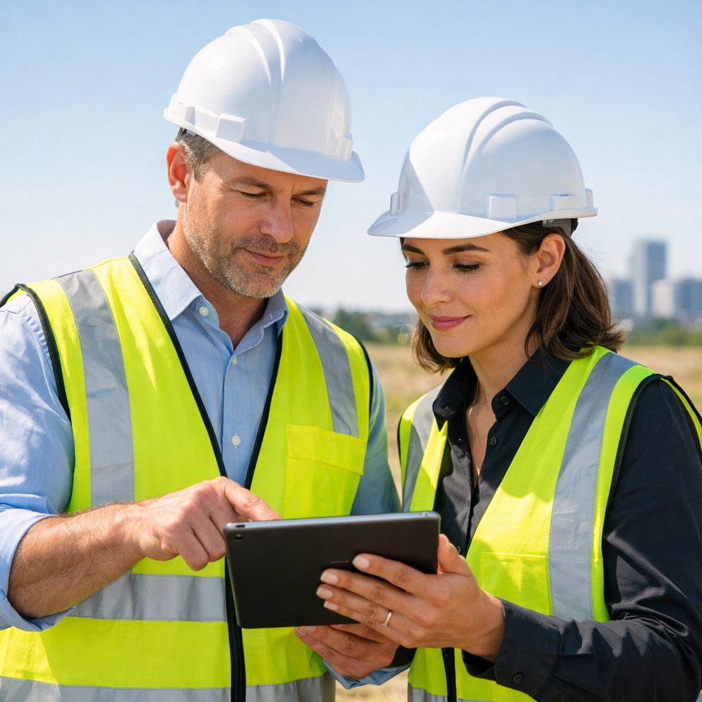 Property development experts conducting site acquisition due diligence and risk management on a land parcel.