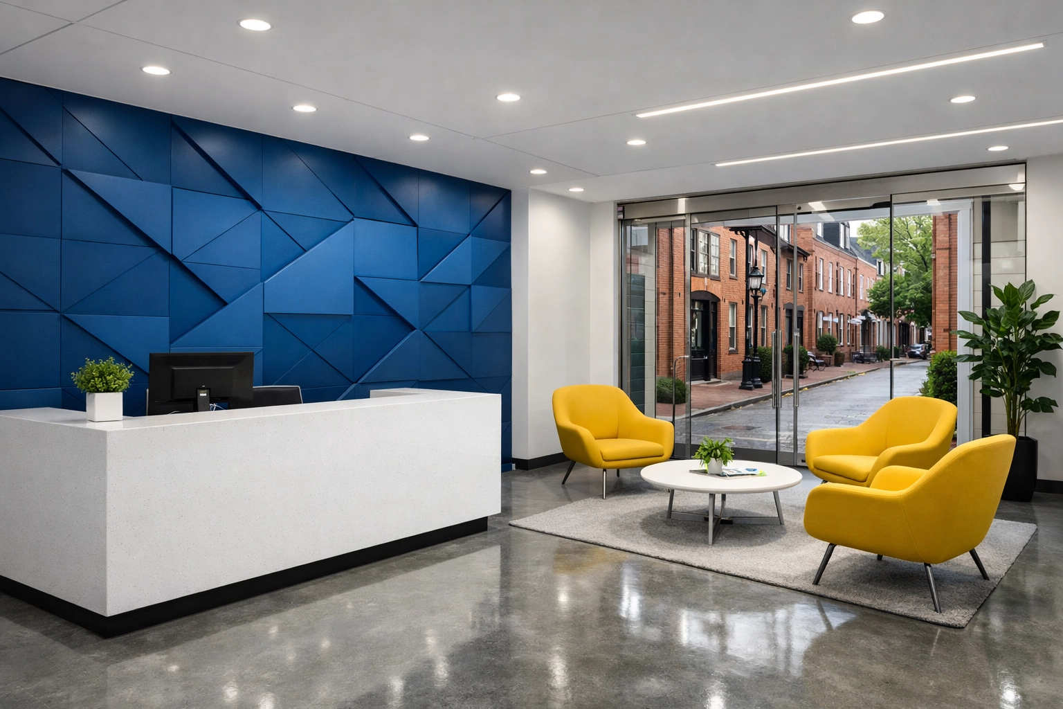 Clean and organized modern office lobby in Massachusetts highlighting professional commercial cleaning standards.