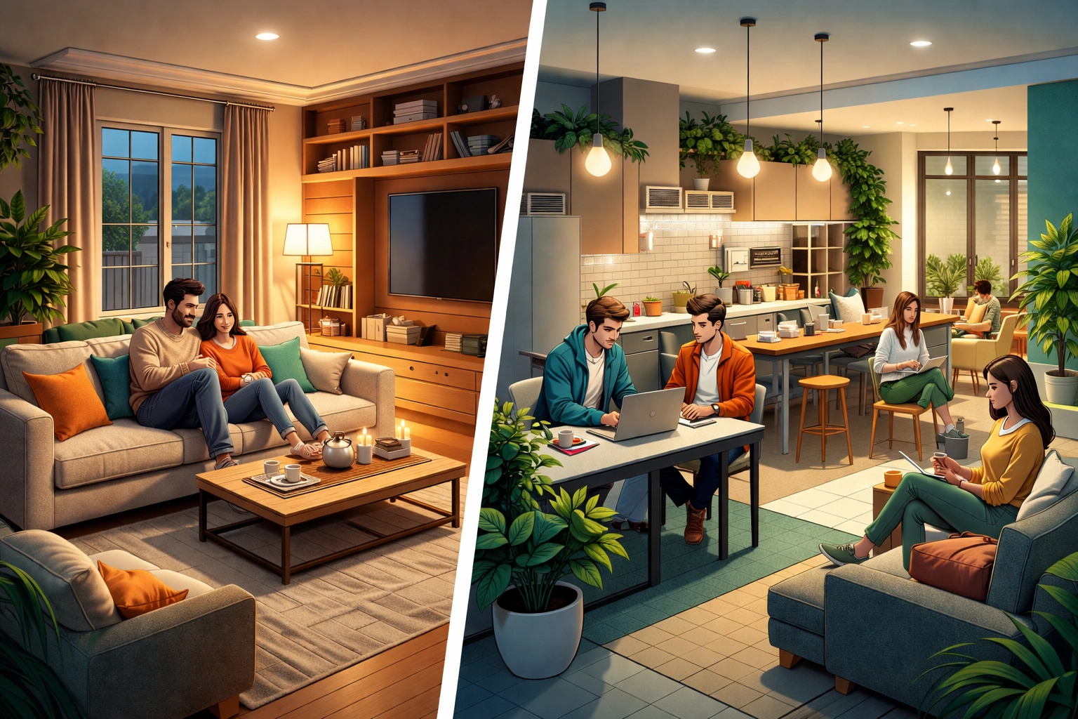 Split view of a cosy family living room and a shared HMO lounge in Oldham, showing property investment options and yields.