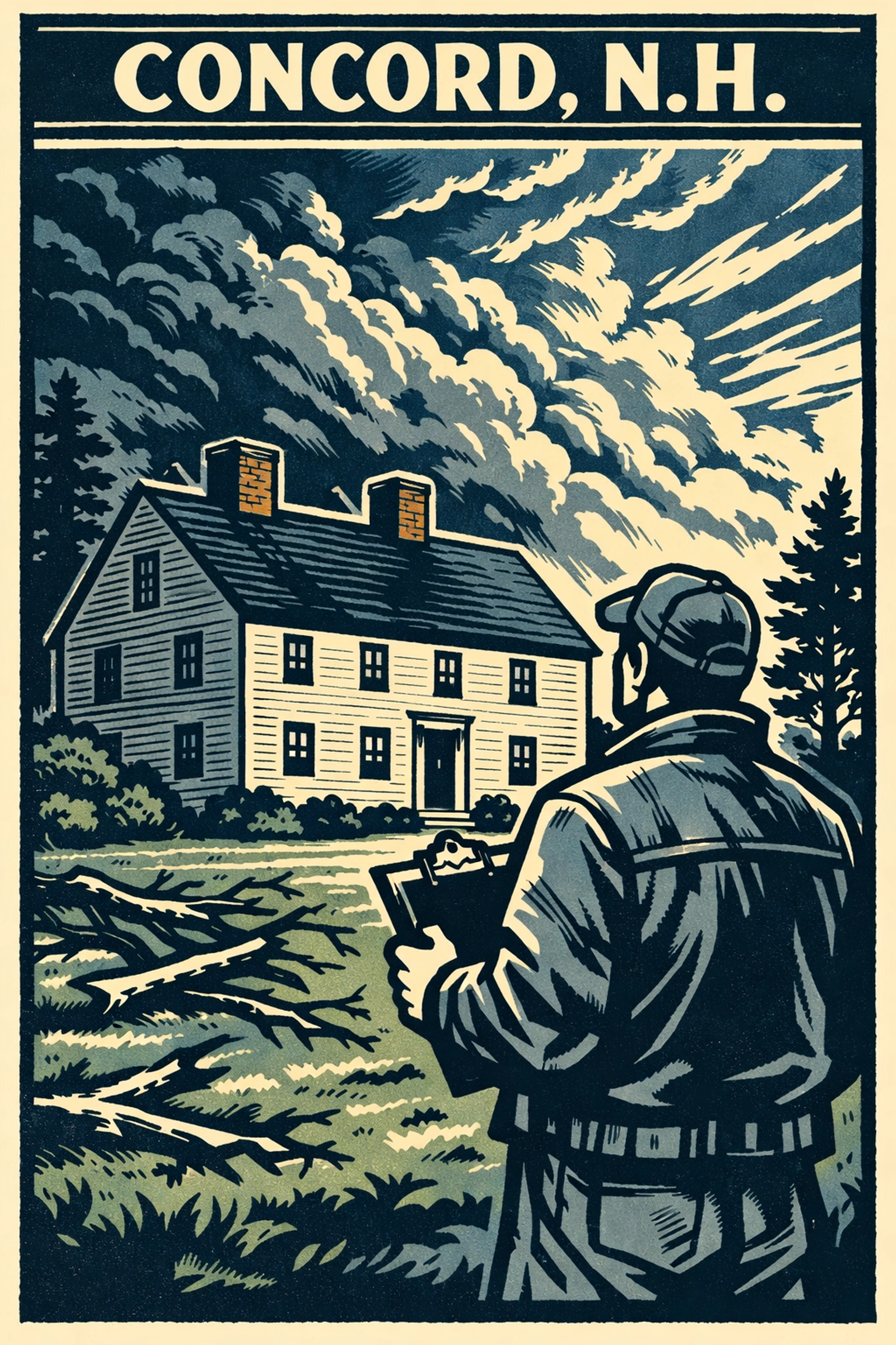 A homeowner inspecting a Concord NH saltbox house for storm damage with a checklist.