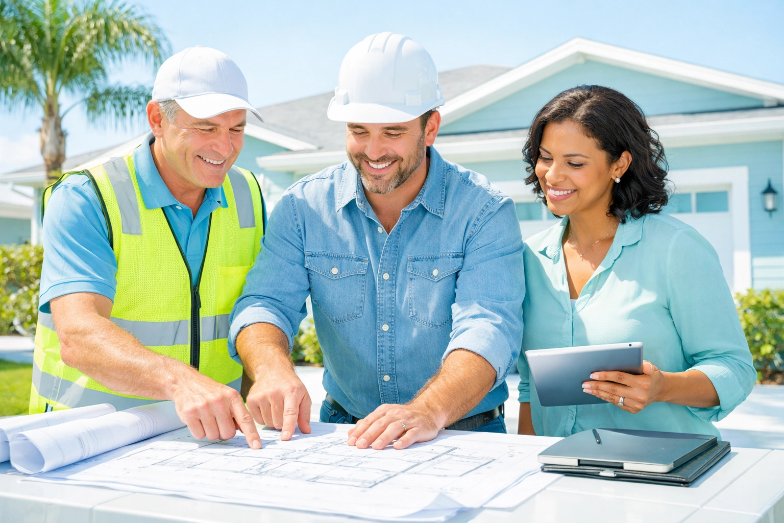 Building inspector and contractor reviewing permit compliance plans for Florida property