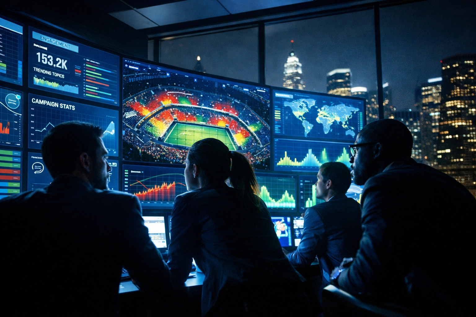 Marketing team in a digital war room analyzing real-time sports data for a Super Bowl campaign.