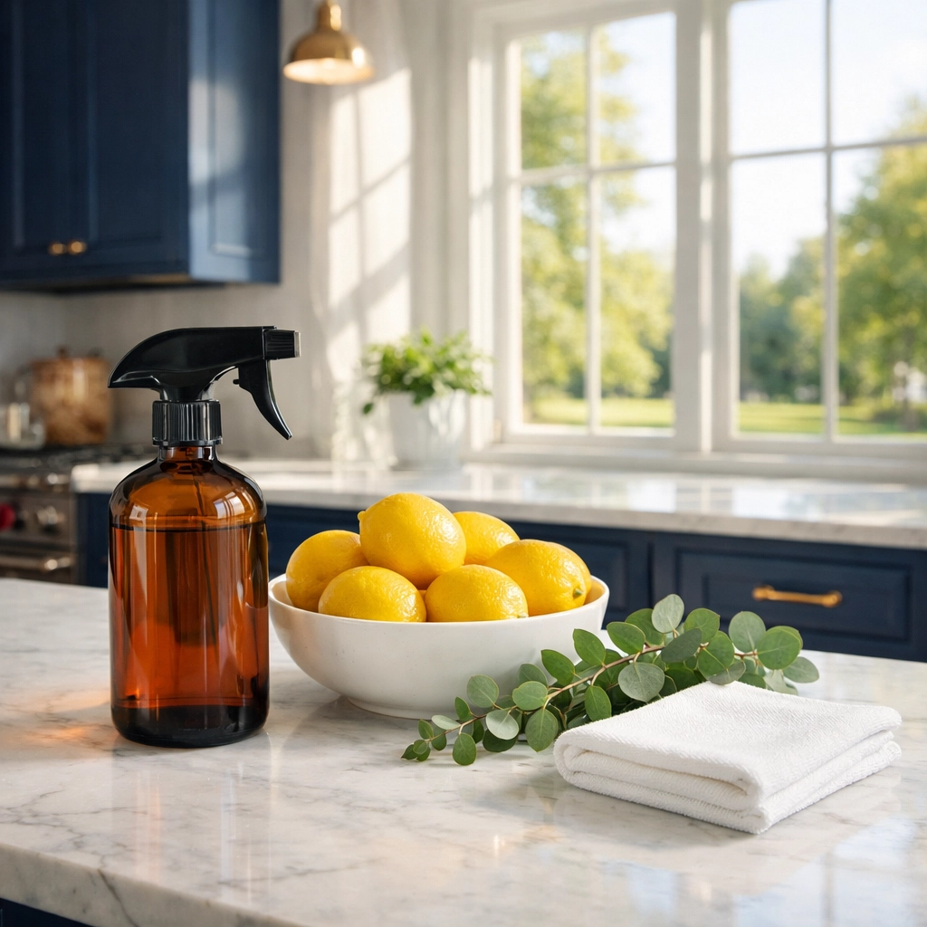 Eco-friendly residential cleaning in Groton kitchen with natural supplies and marble countertops.