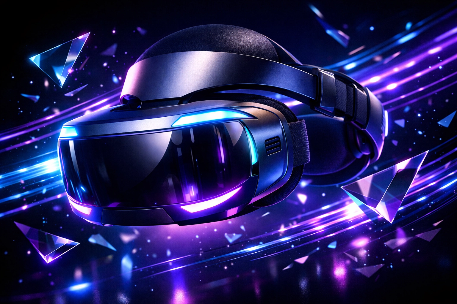 Sleek futuristic virtual reality headset for events with glowing blue accents and metallic finish