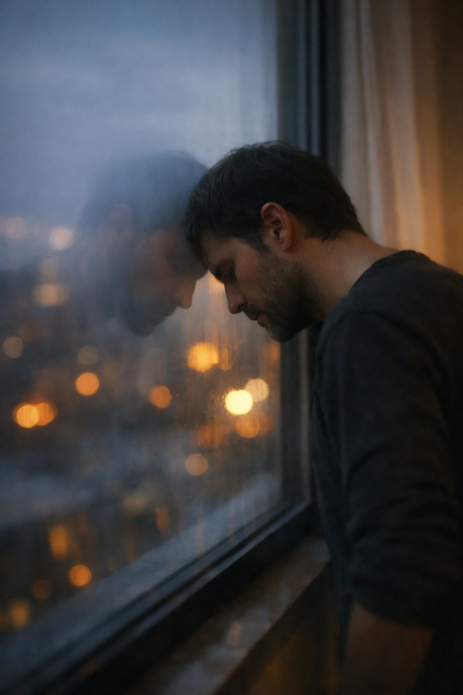 Ablaknál álló kimerült férfi, a krónikus fáradtság és alváshiány hatása a potenciára.