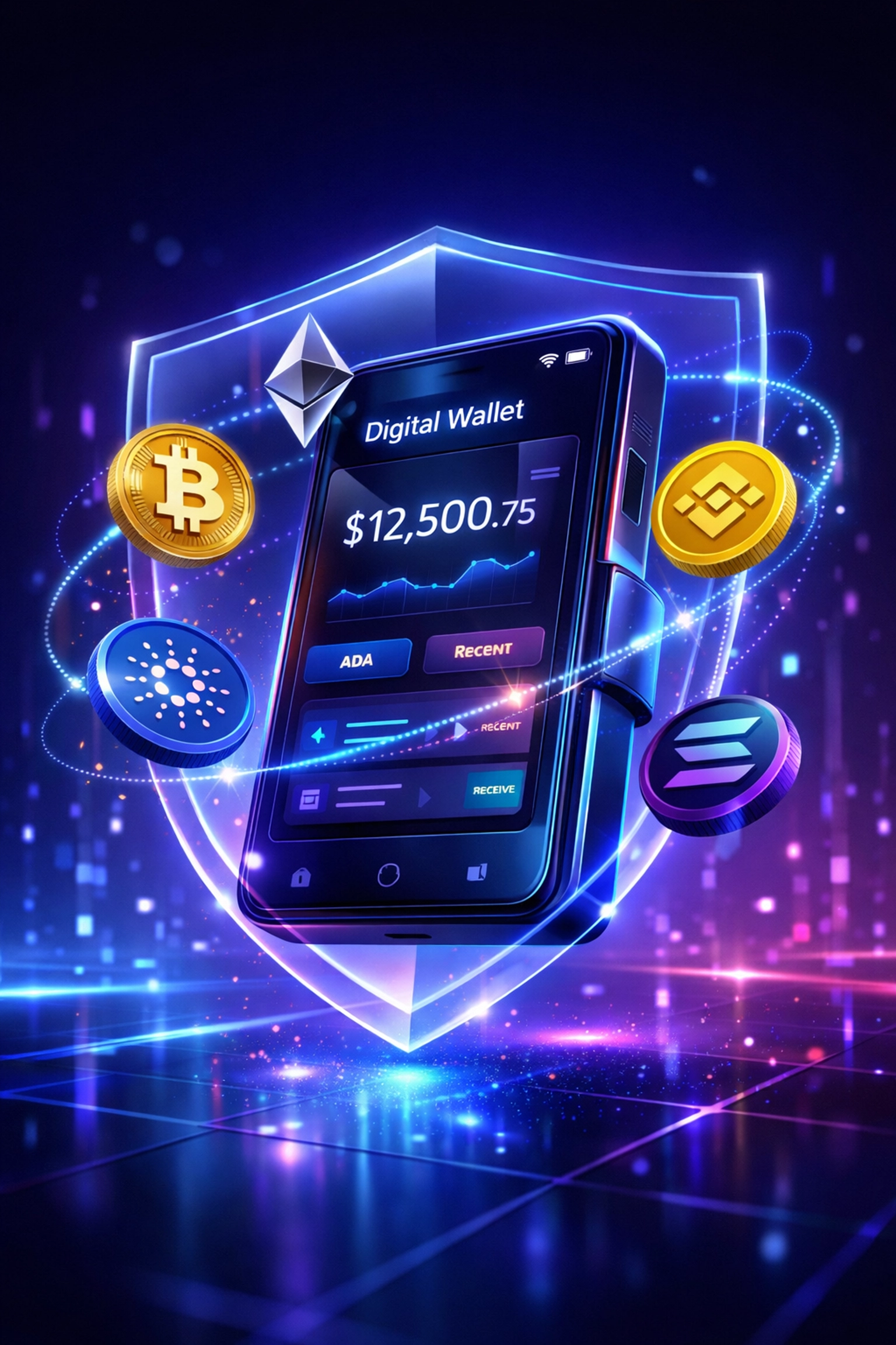 Secure self-custody crypto wallet with cryptocurrency tokens for metaverse merchant payments