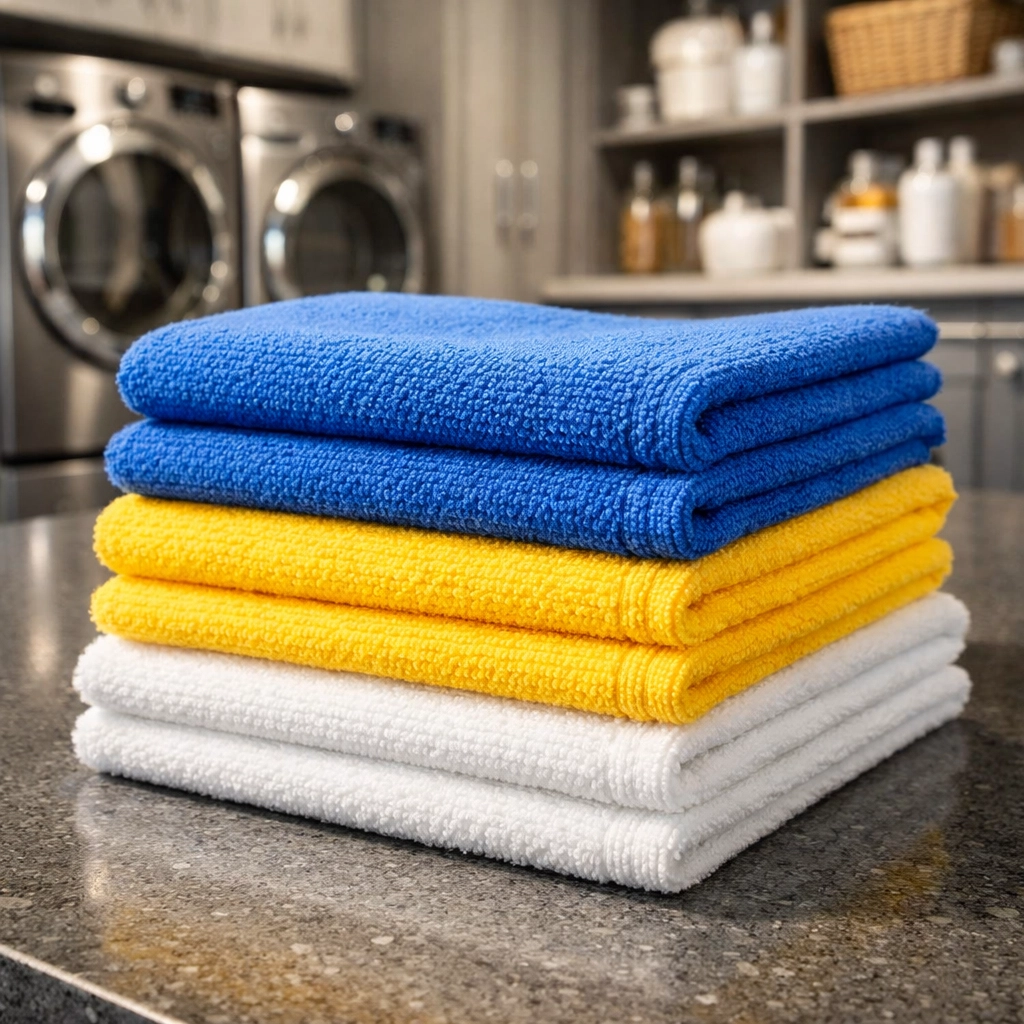 A stack of sanitized microfiber cloths ready for a professional deep cleaning in Wellesley MA.