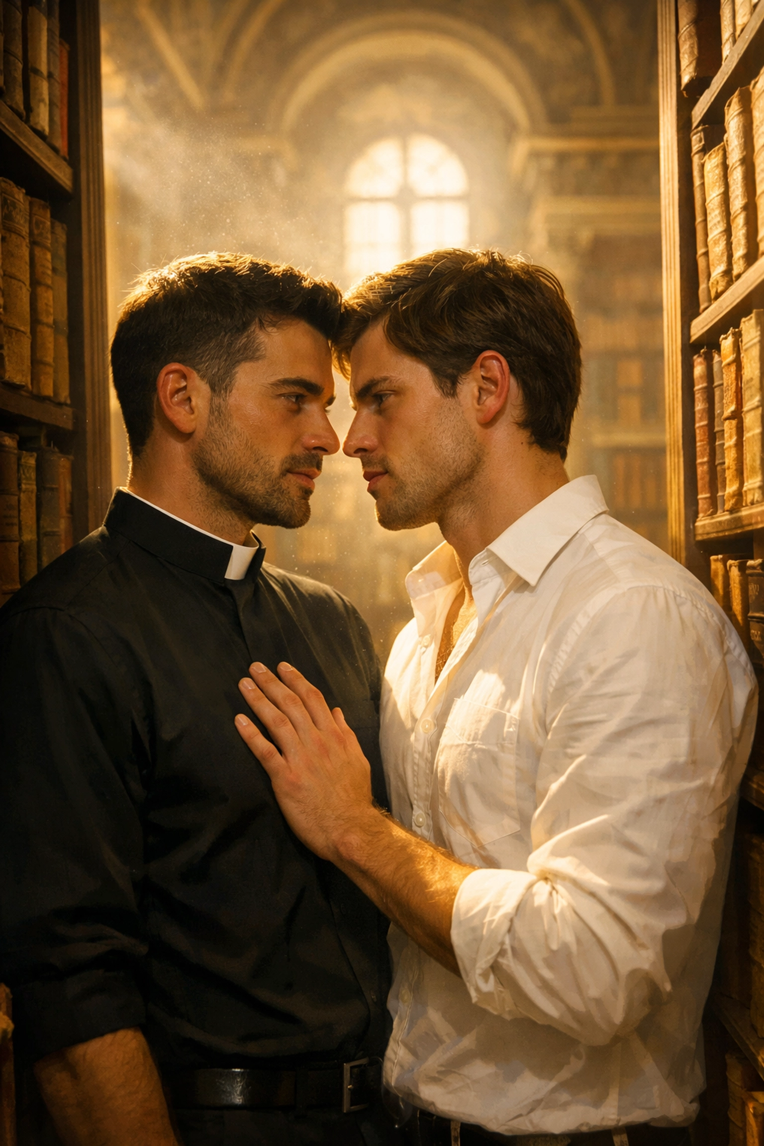An intimate moment between a priest and a man in a Vatican library, highlighting a steamy MM romance trope.