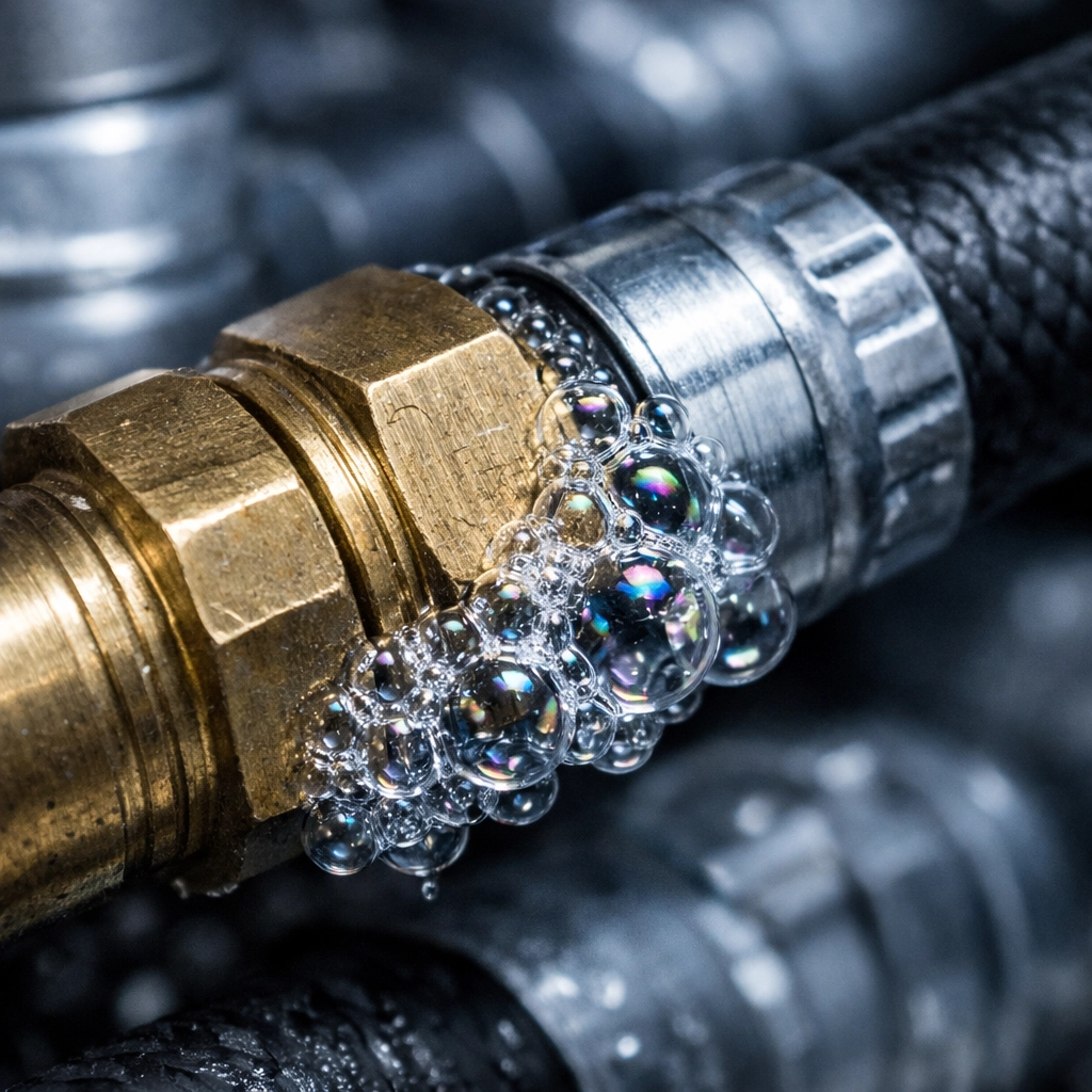 Soapy bubbles on a brass hose fitting indicating an air system leak in a diesel compressor.
