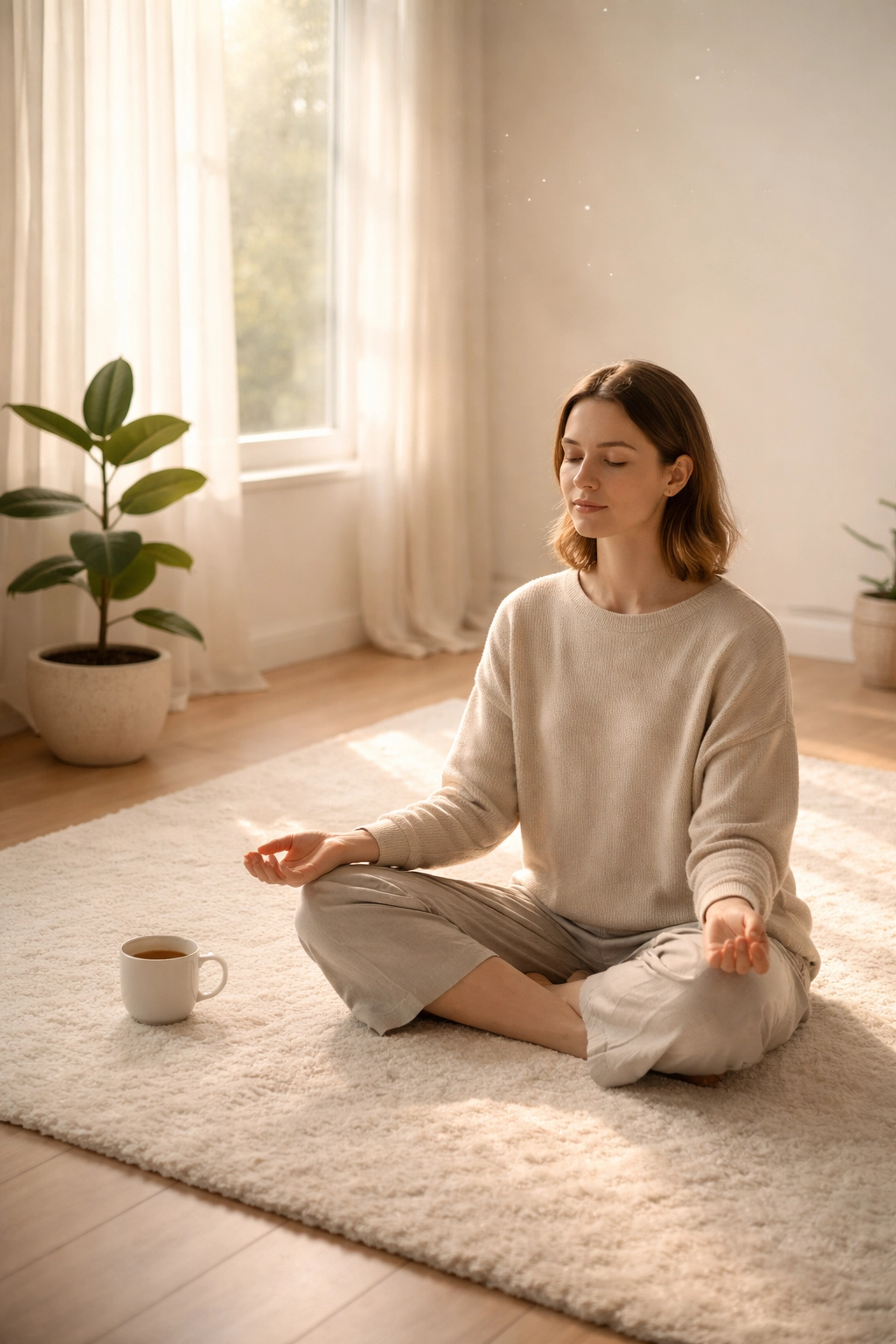 Person meditating in a sunlit minimalist room, embodying stillness and self-reflection essential for mental health and vulnerability.