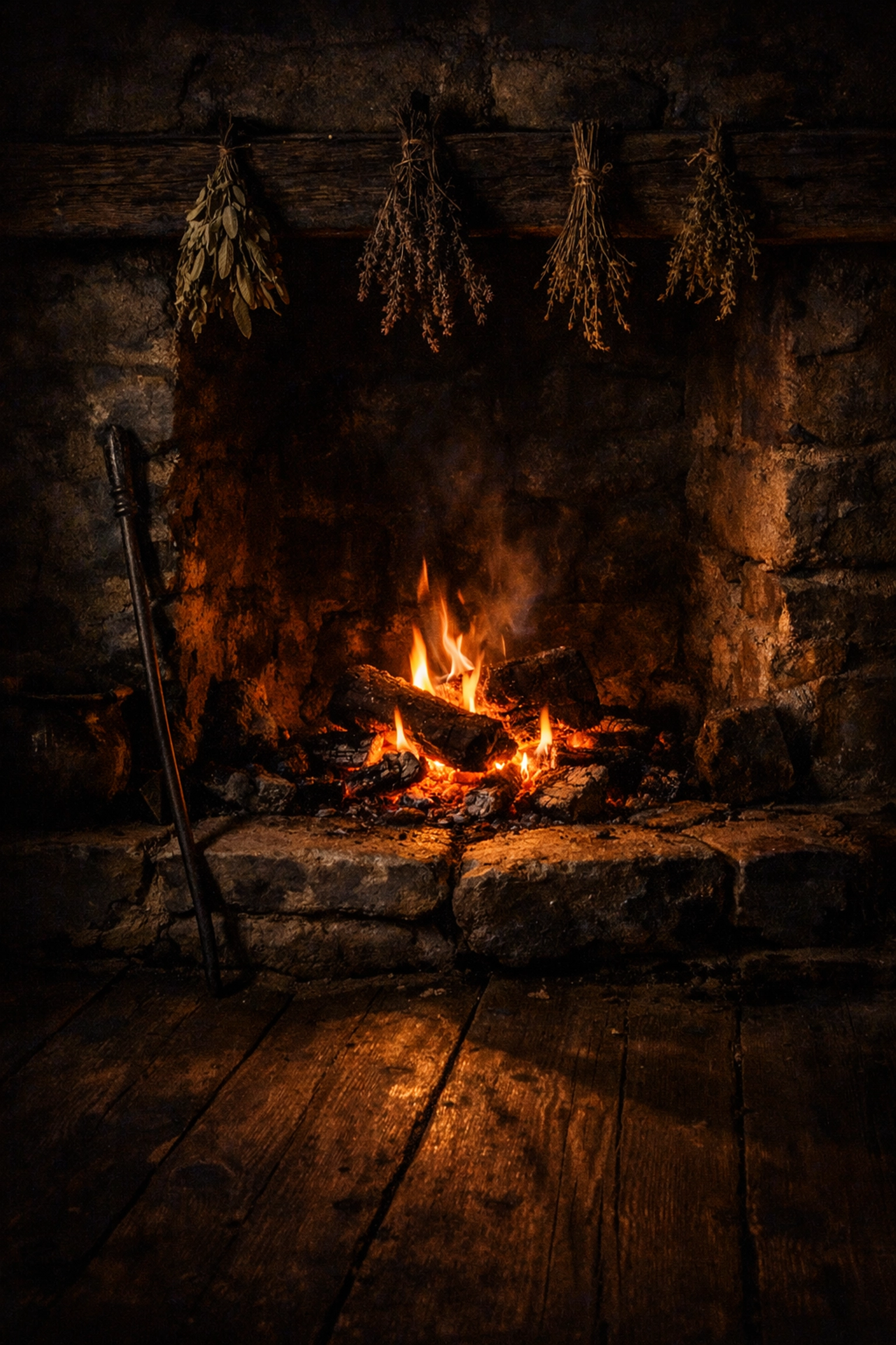 Traditional stone fireplace with glowing flames, dried herbs, and iron tools for hearth magic