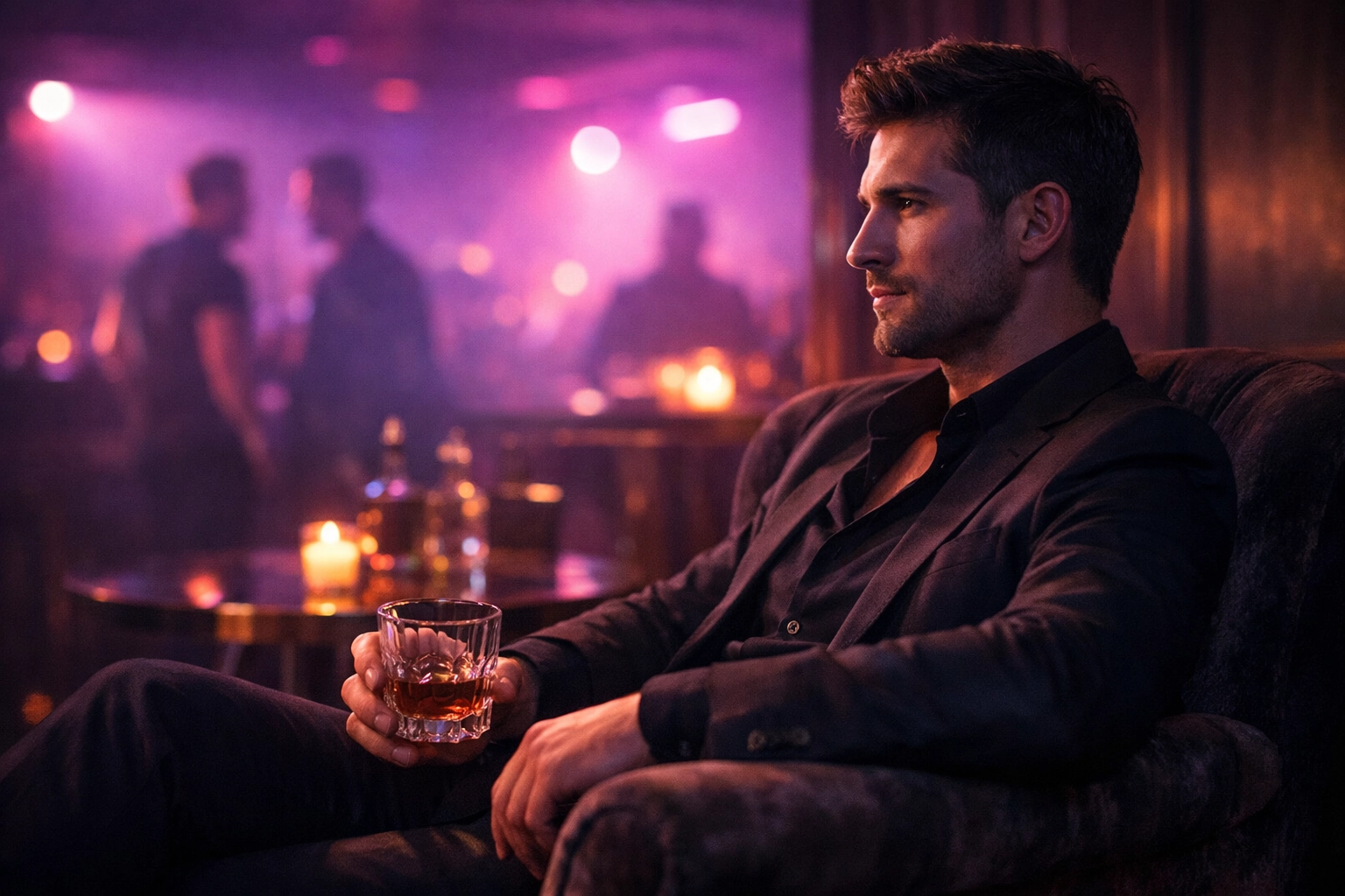 A thoughtful gay man observing the atmosphere from a chair in a moody club lounge.