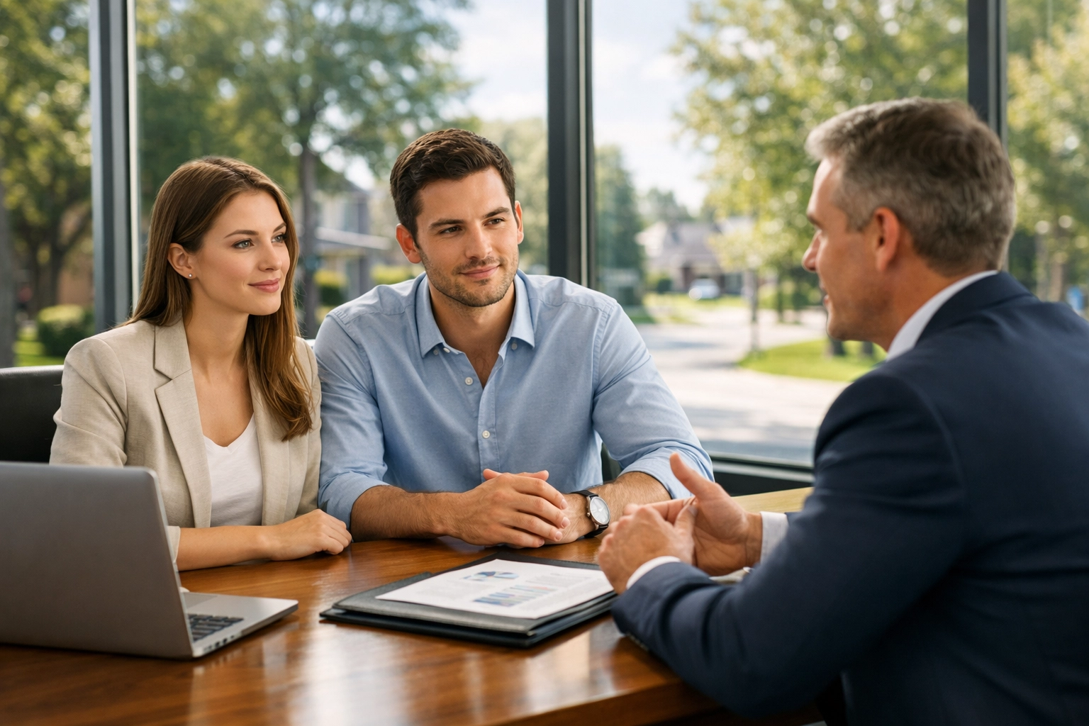 Couple meeting with a mortgage consultant in a bright Vaughan office to discuss house financing.