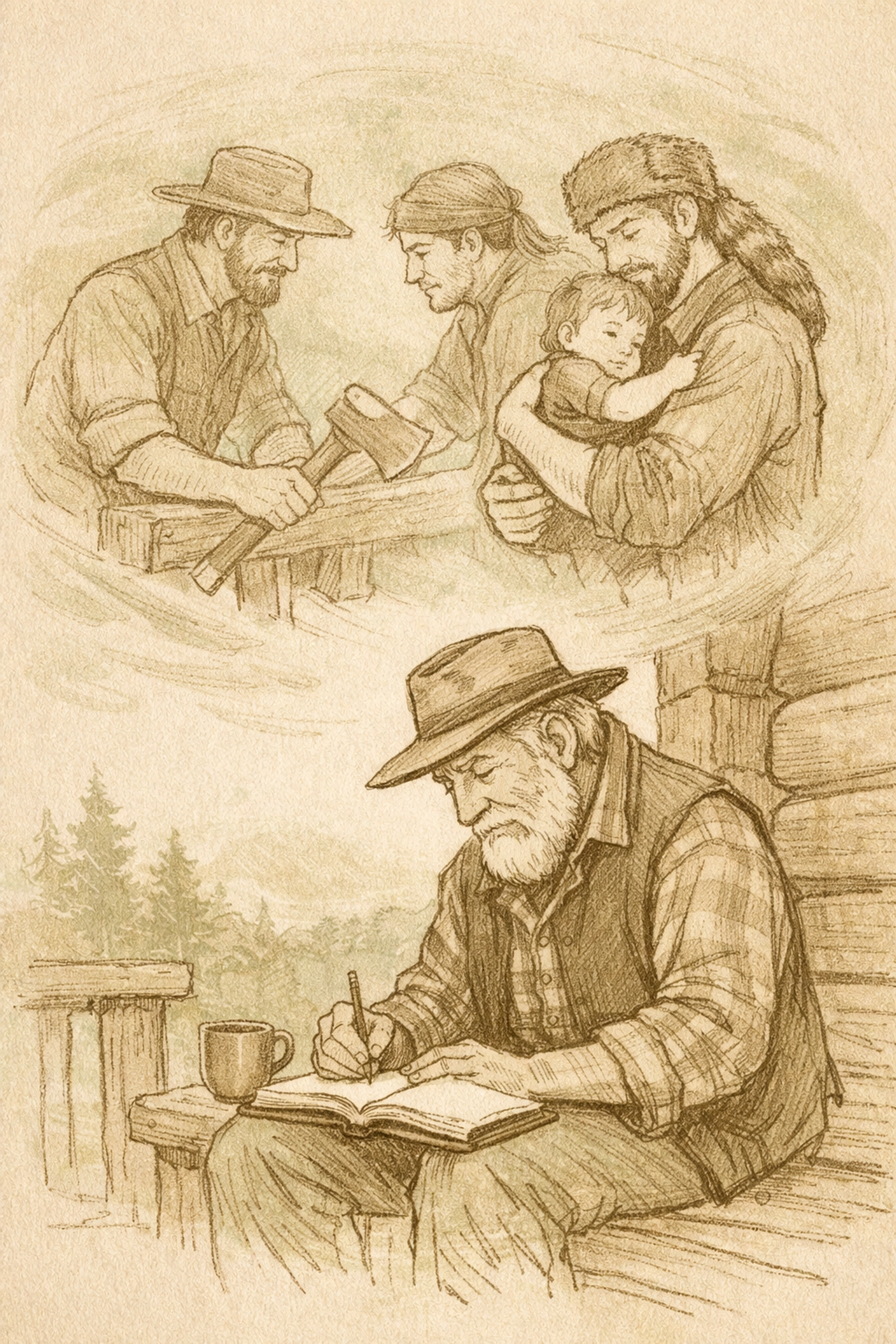 Elderly man remembering his two gay pioneer fathers who raised him in 1800s frontier