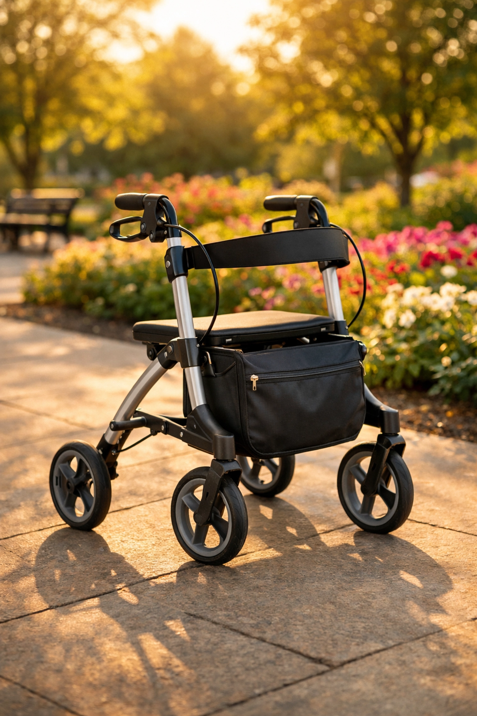 A four-wheel rollator walker with a seat and storage pouch parked in a sunny garden park.