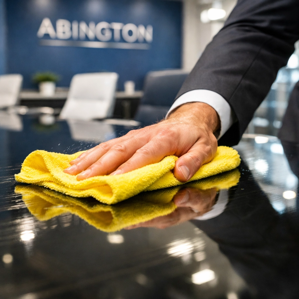 Professional cleaner wiping a glass conference table in a modern Abington office.