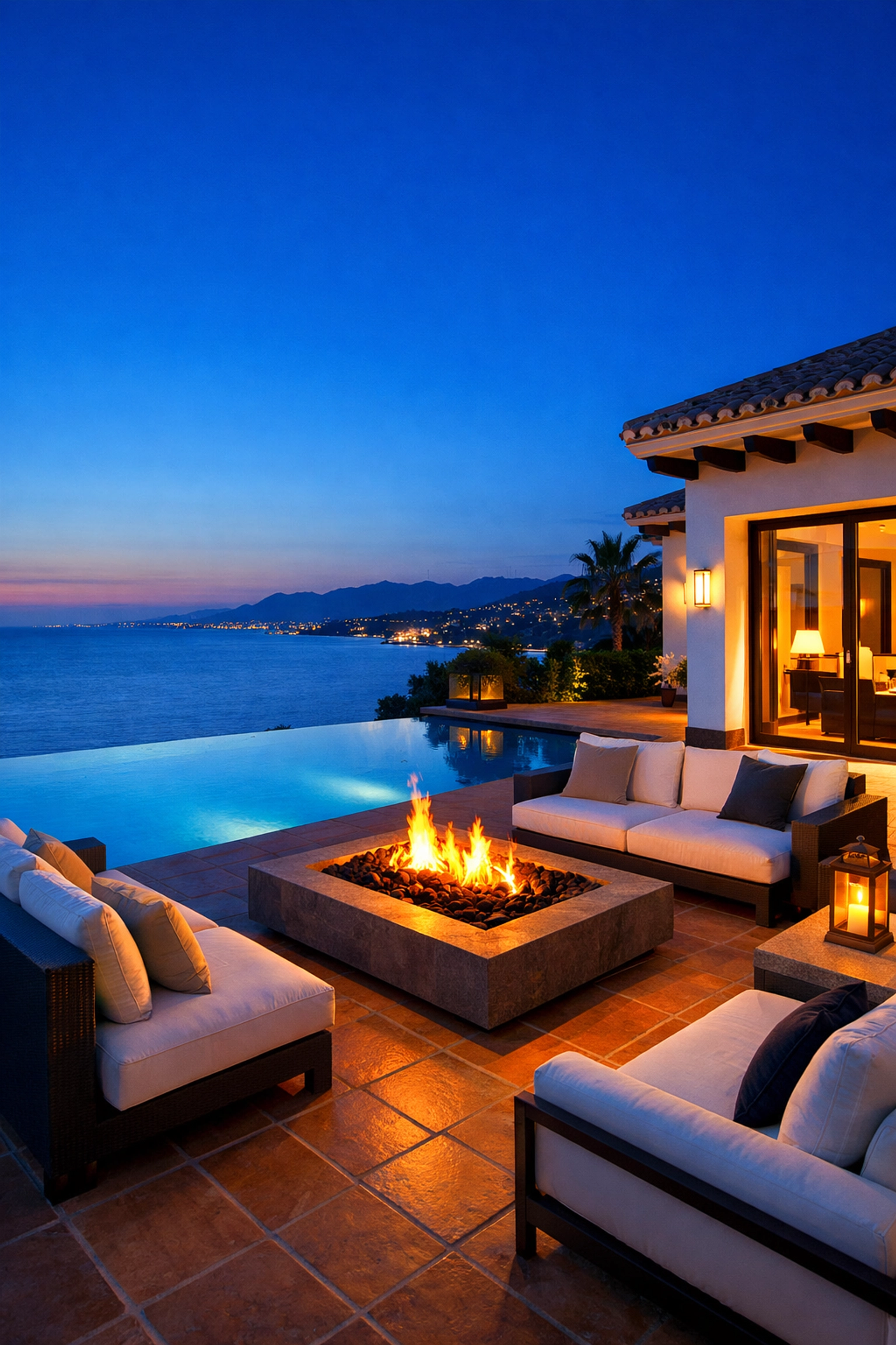 Modern luxury villa terrace in Spain featuring an infinity pool overlooking the Mediterranean at dusk.
